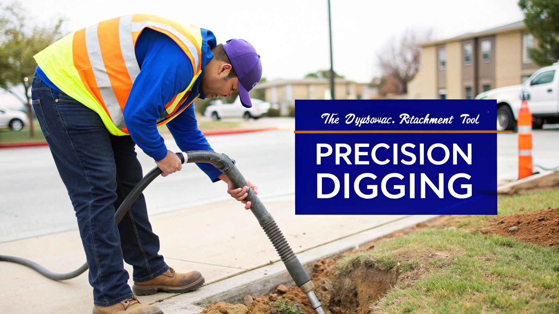 Worker in safety vest performing precision digging with a vacuum attachment tool near a street.