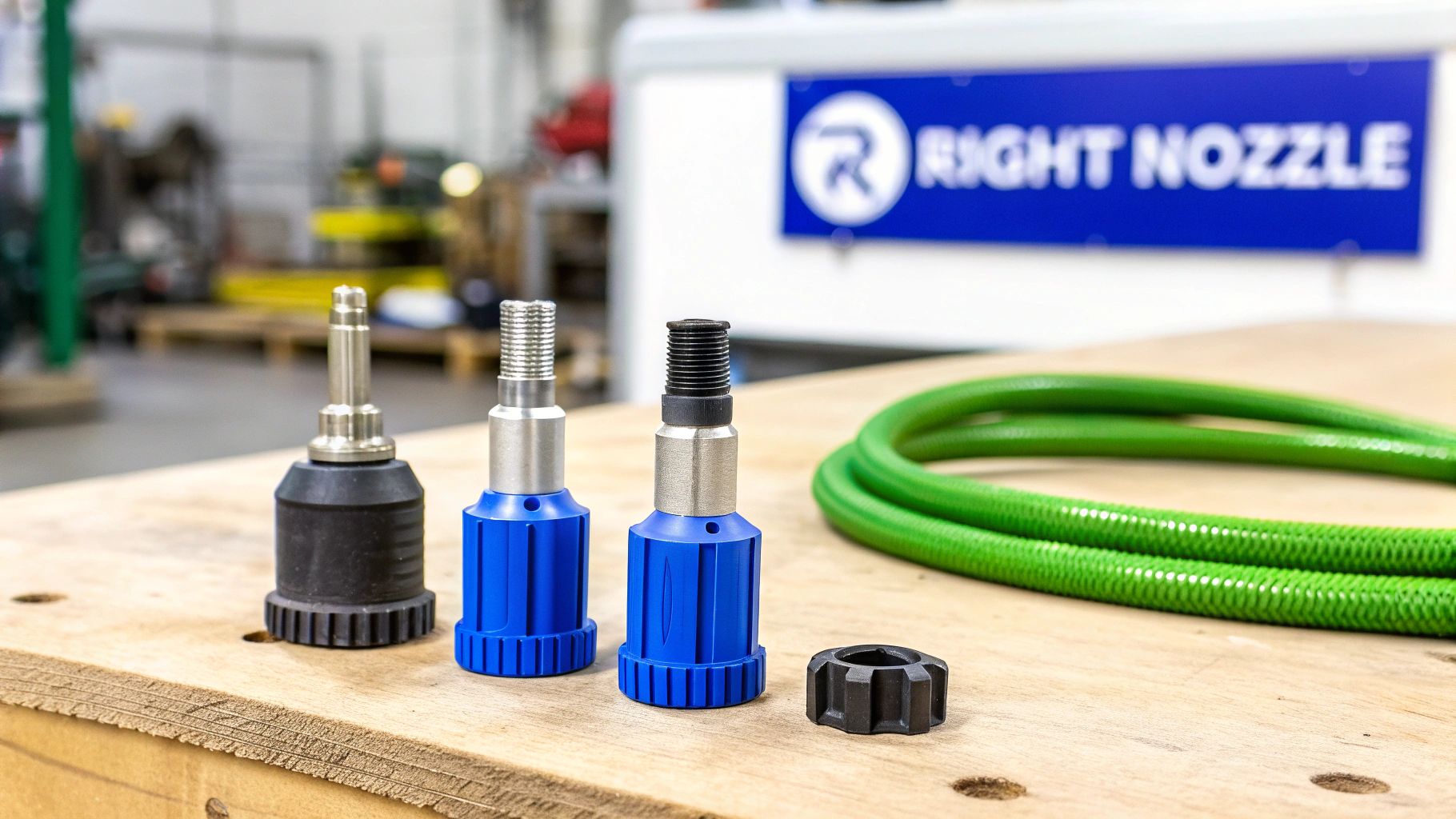 Three specialized industrial nozzles, a black nut, and a coiled green hose on a wooden table.
