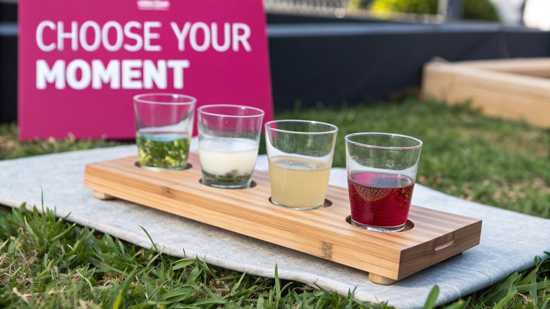 Four small glasses with colorful drinks on a wooden tray on grass, near a 'CHOOSE YOUR MOMENT' sign.