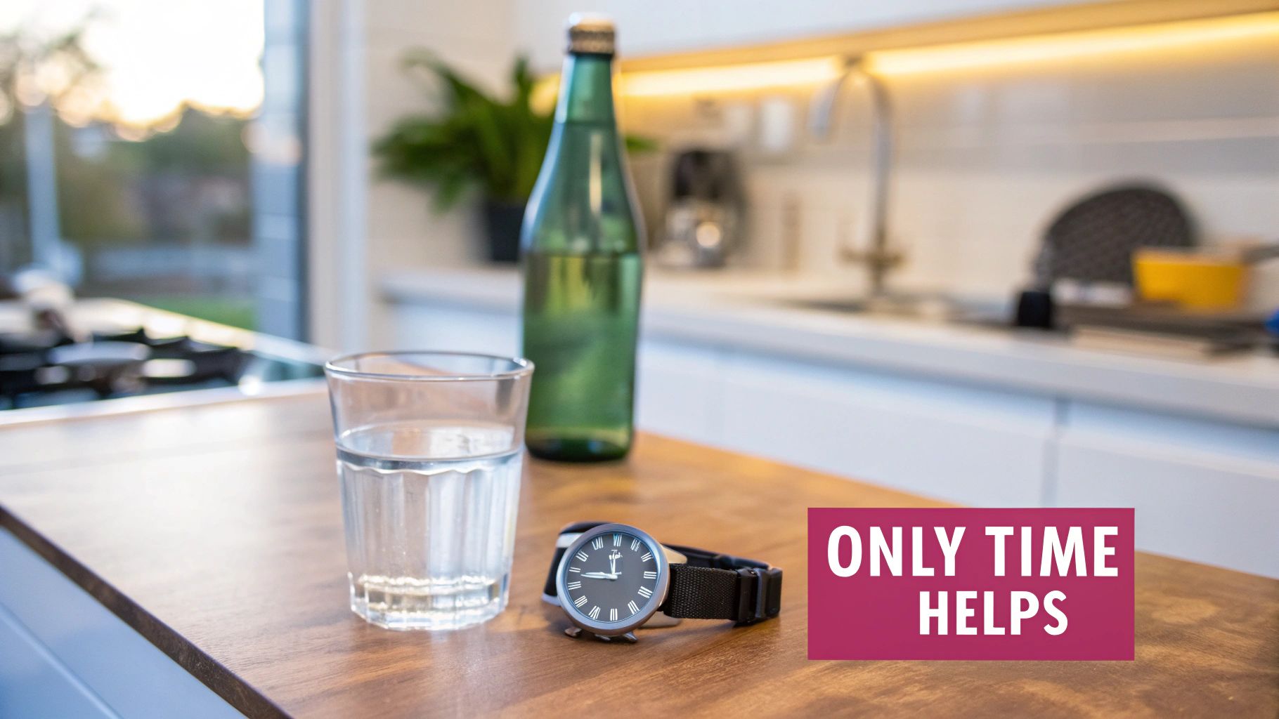 A glass of water, a watch, and a green bottle on a wooden kitchen counter, with the text 'ONLY TIME HELPS'.