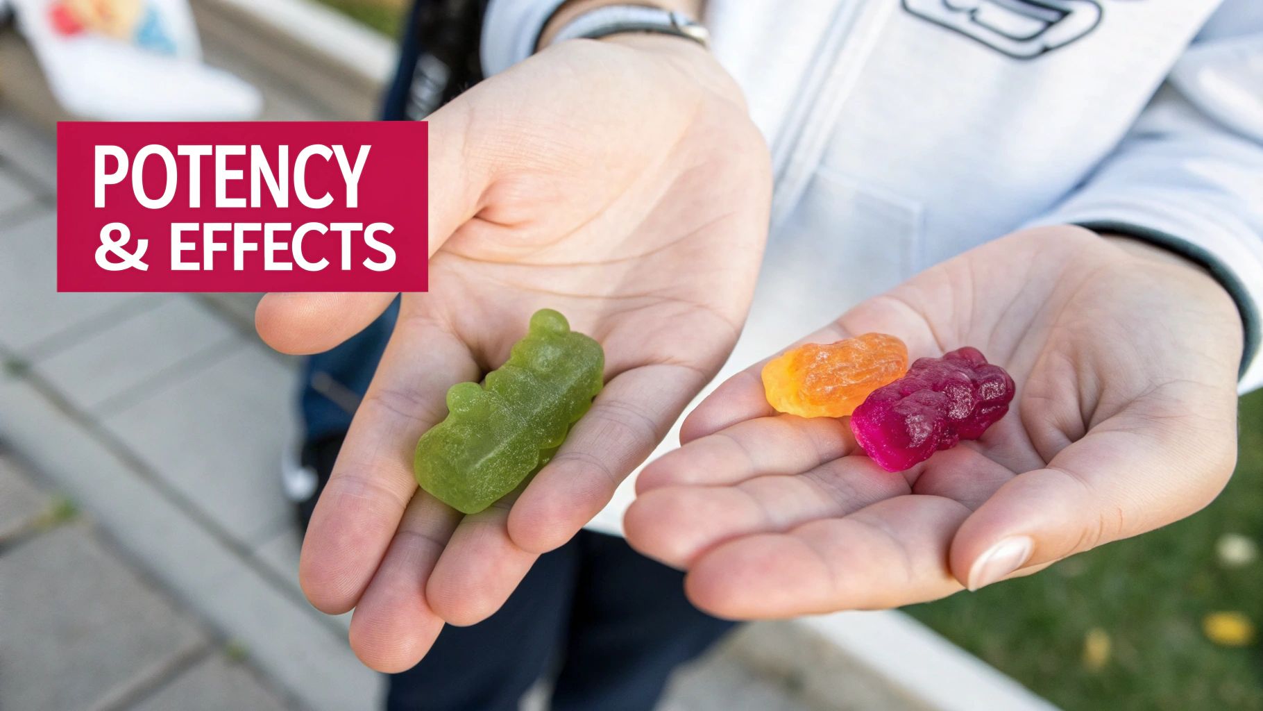 Two hands holding various colorful gummy candies with a 'Potency & Effects' text overlay.