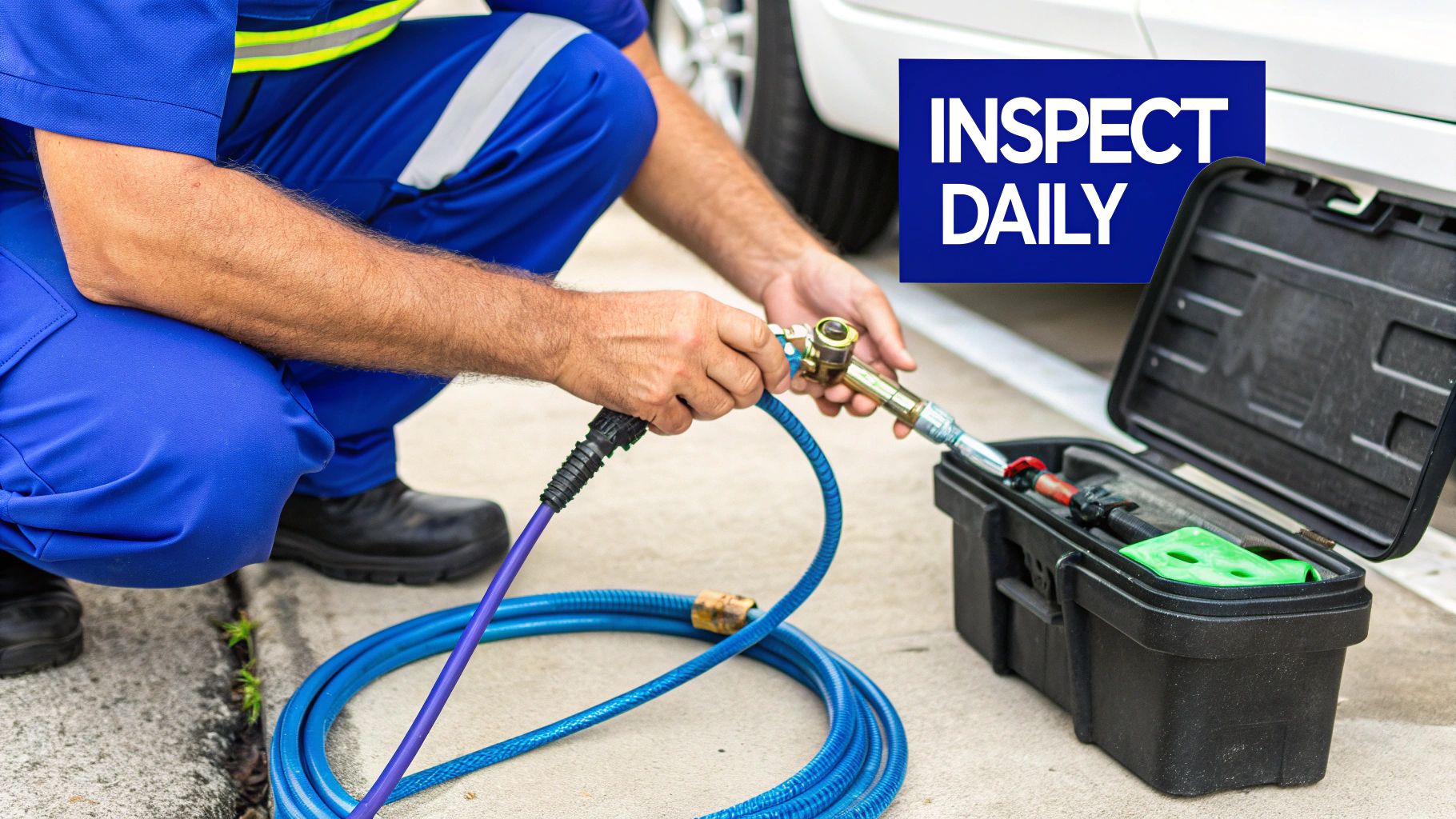 A person in a blue uniform connects a pressure washer hose, with an open tool case nearby. Text says 'INSPECT DAILY'.