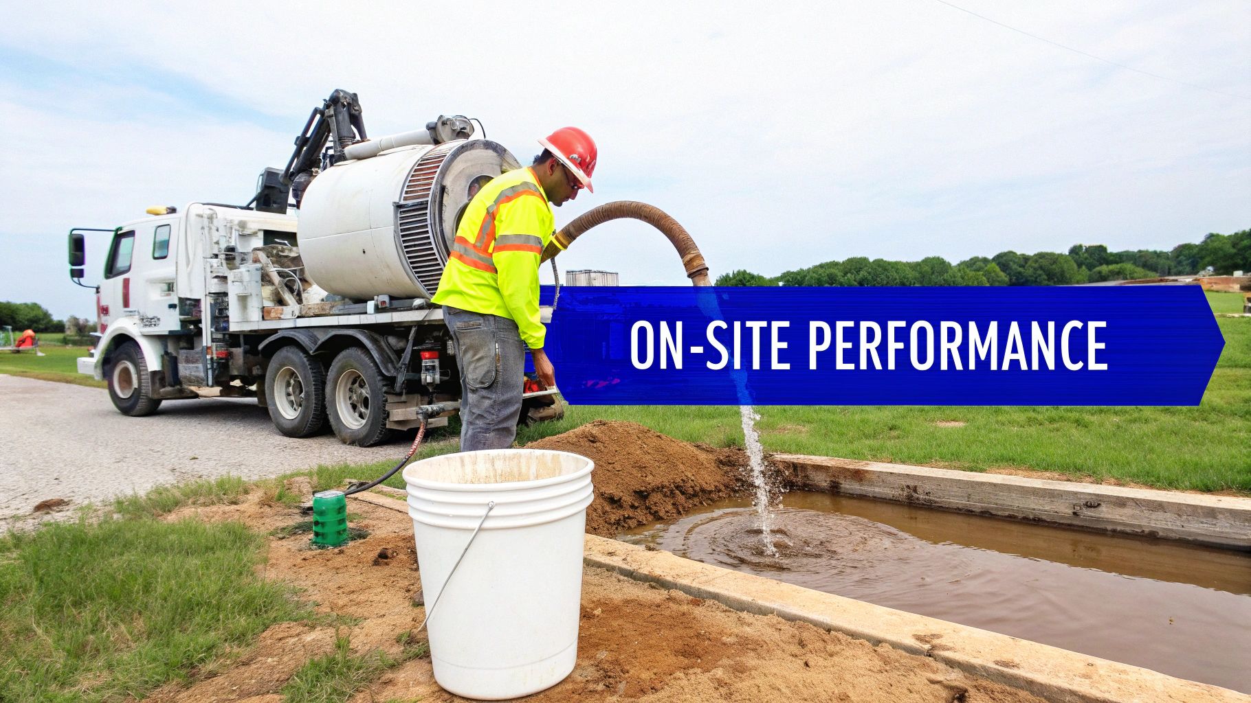 A worker in a hard hat and safety vest operates an industrial vacuum truck, discharging dirty water at a construction site.