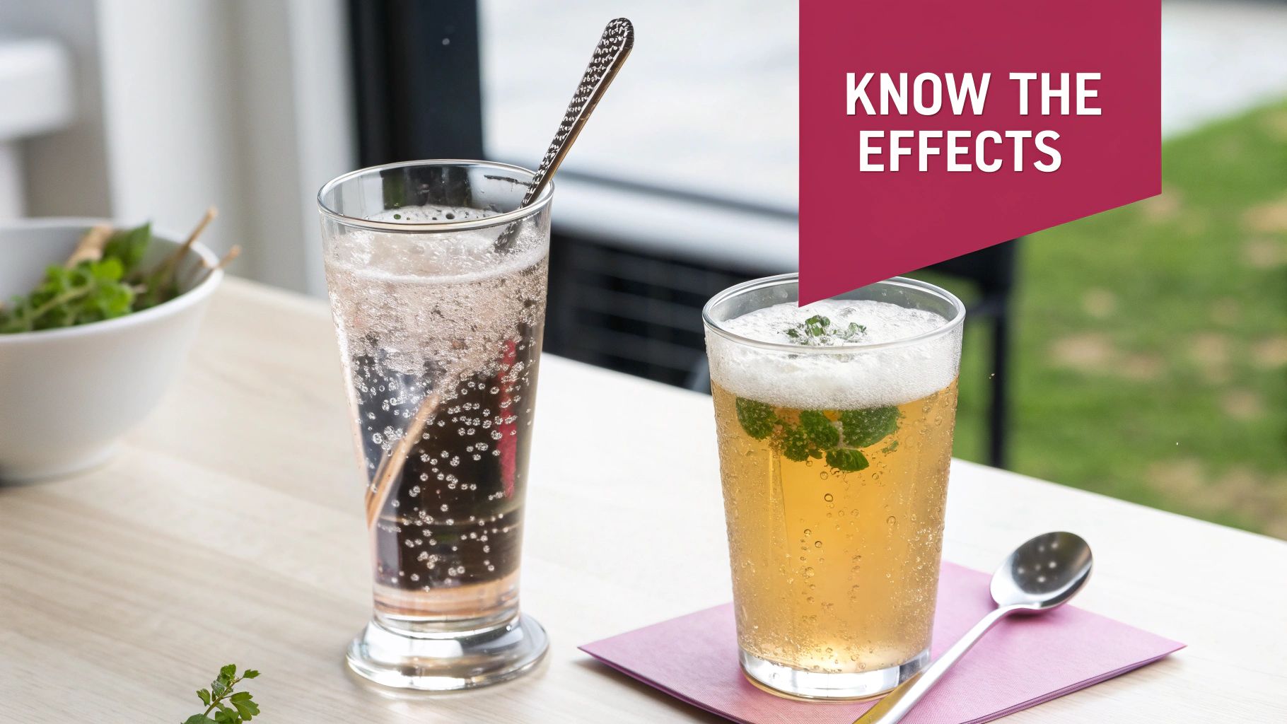 Two sparkling beverages on a table, one clear, one yellow with mint, under a 'KNOW THE EFFECTS' banner.