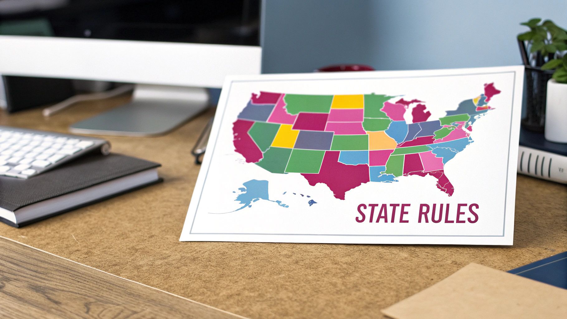 A colorful map of the United States with 'STATE RULES' printed on a wooden office desk.