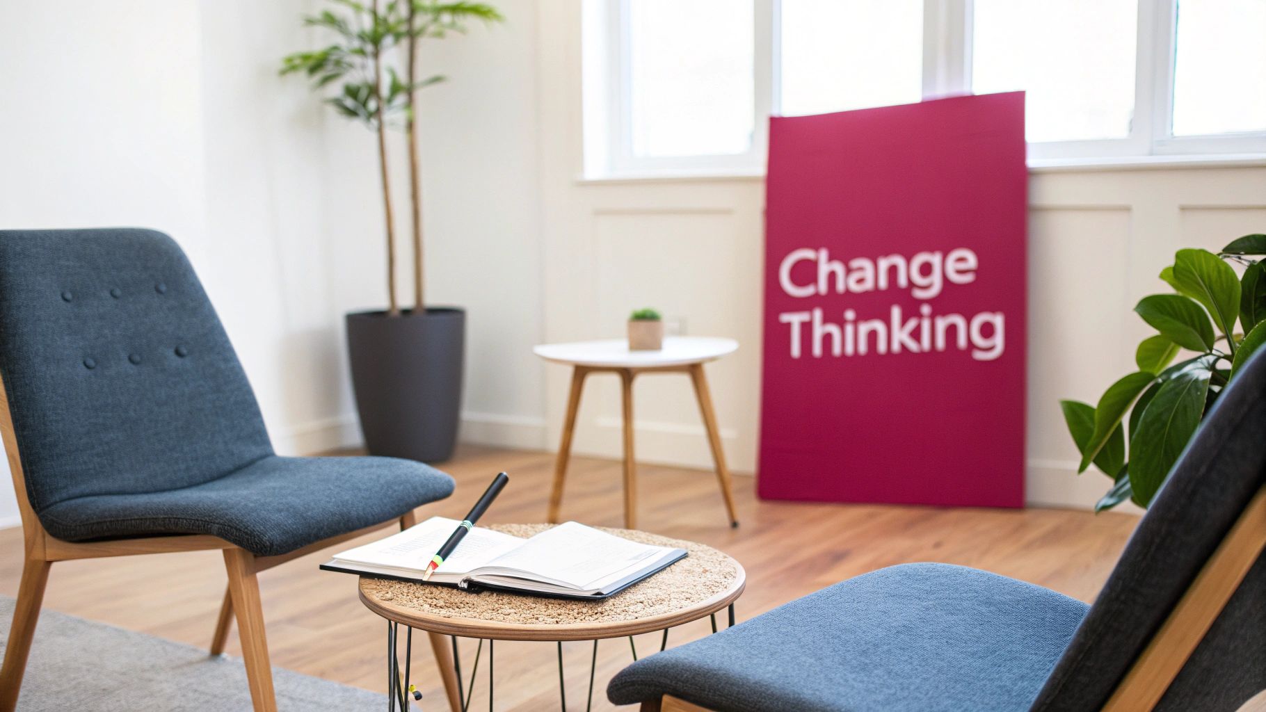 A modern consultation room with two grey chairs, a table, a notebook, and a 'Change Thinking' sign.