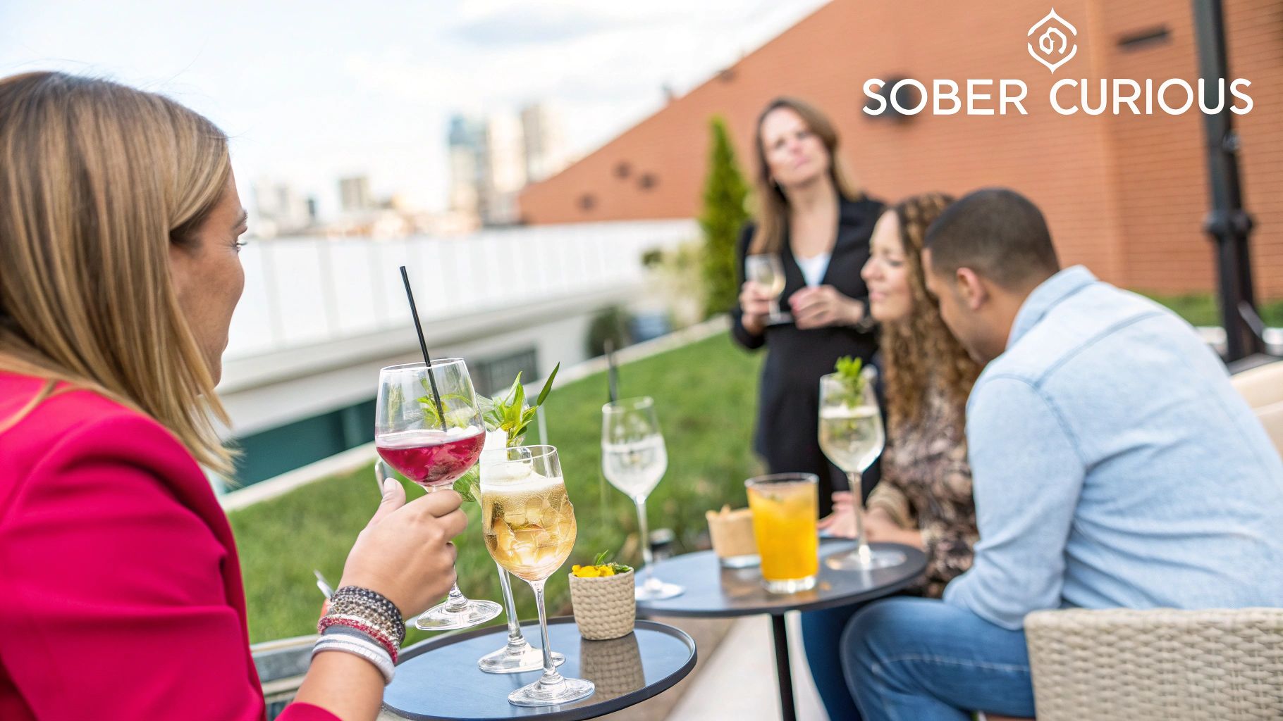 Friends enjoy sober curious mocktails and conversations on a lively rooftop patio.