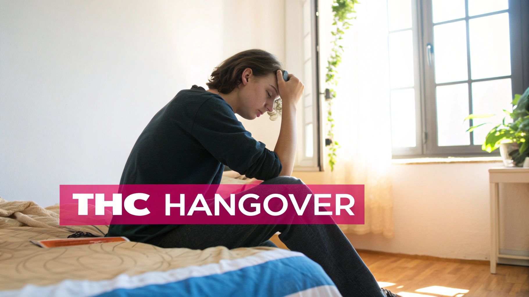 A young person sits on a bed, looking distressed, with their head in their hands under a 'THC HANGOVER' banner.