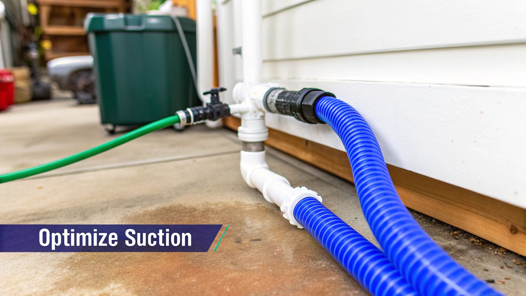 Blue corrugated hose connected to white PVC pipe adapter for water drainage system