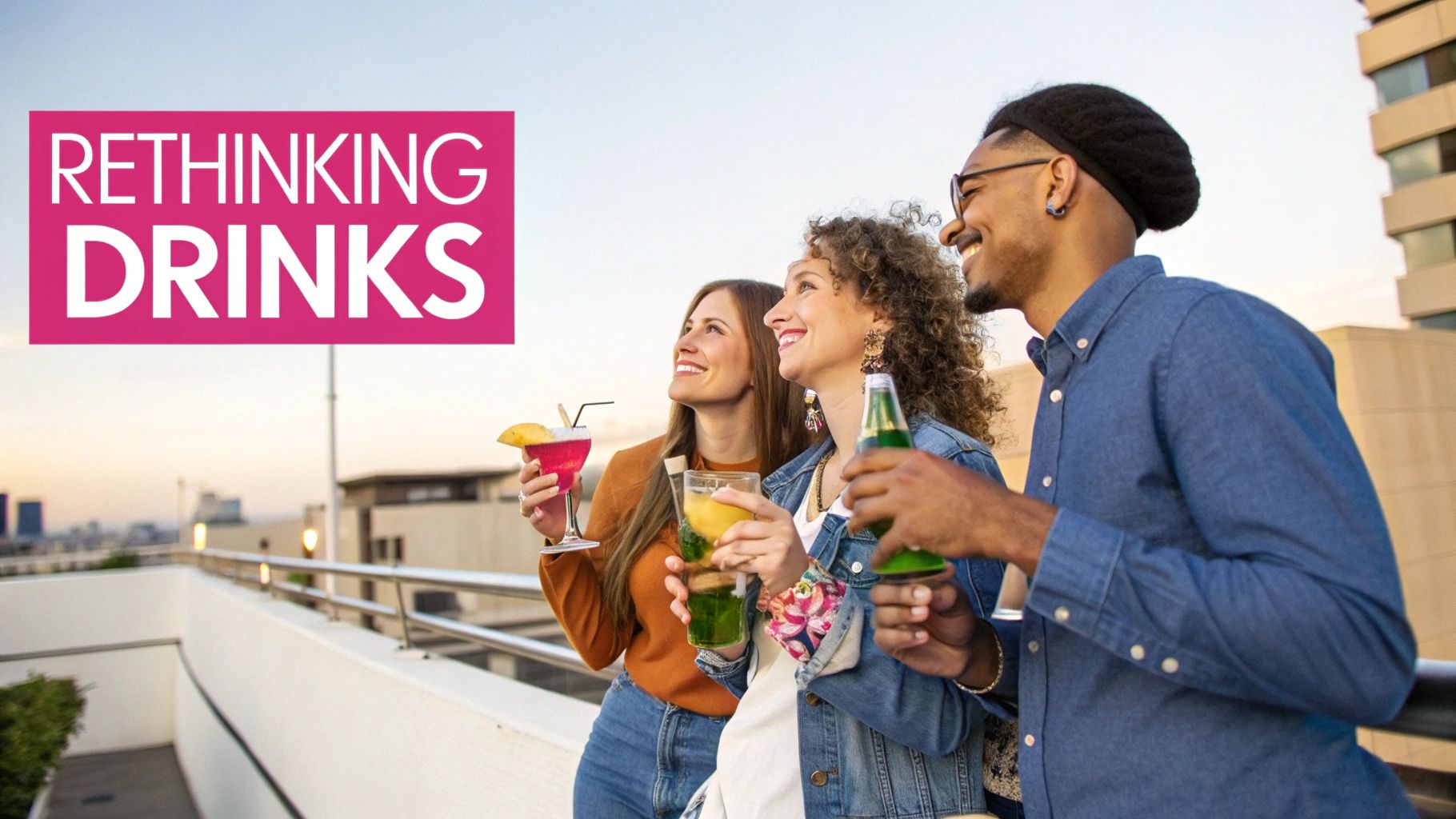 Three smiling friends enjoying various drinks on a rooftop, looking up happily at sunset.