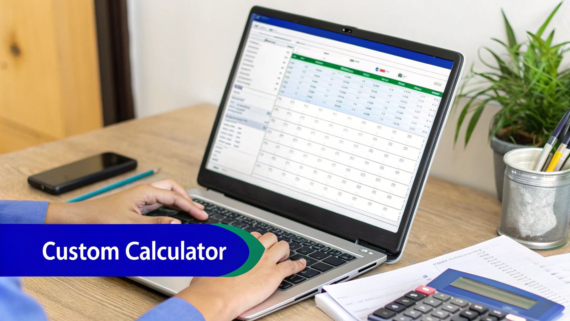 Person using a laptop displaying a spreadsheet for calculations, with a custom calculator banner.