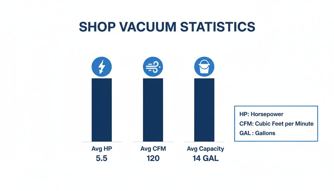 Shop vacuum statistics bar chart showing average horsepower, CFM, and capacity in gallons.