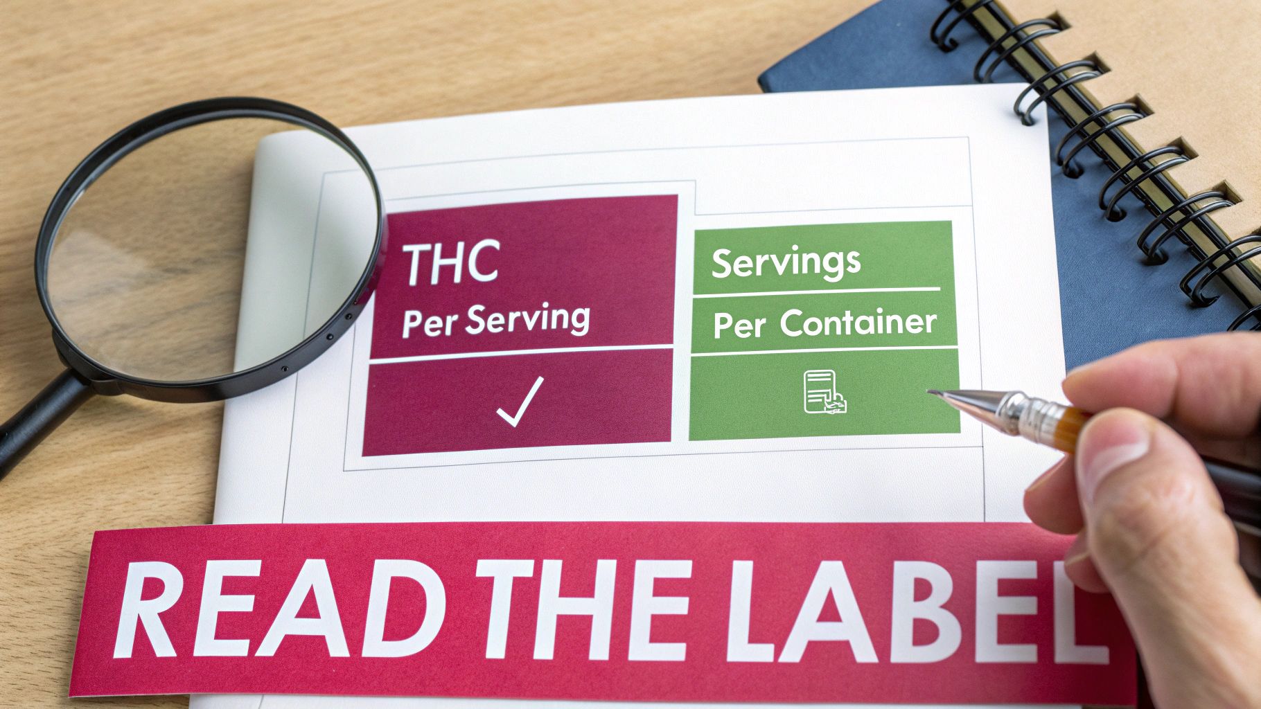 Person reviewing a document displaying THC per serving and servings per container with a magnifying glass.