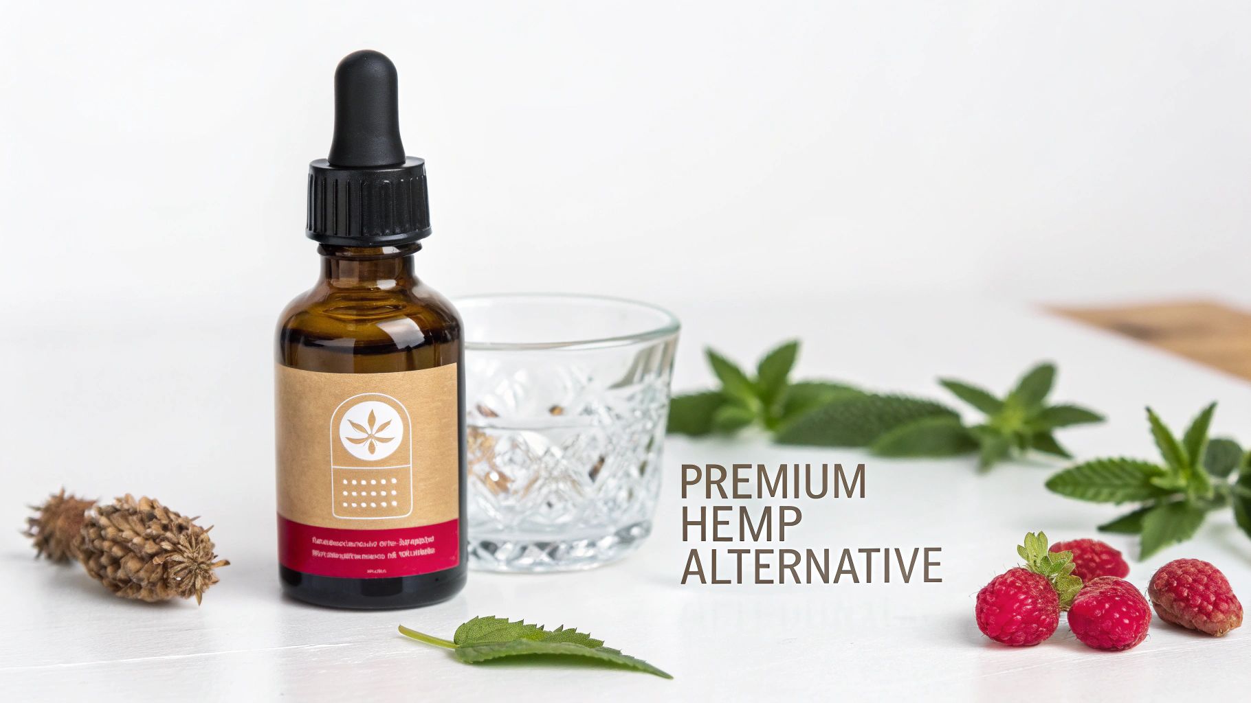 A brown dropper bottle, glass of water, mint, raspberries, and pine cones for a hemp alternative.