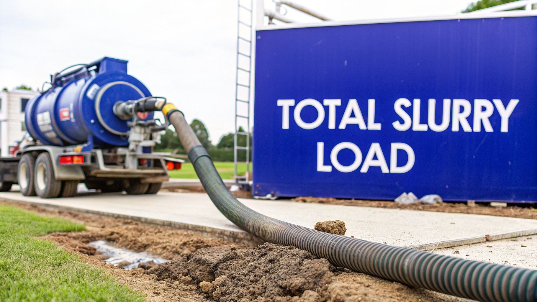 A blue tanker truck pumps liquid through a large hose into a blue container labeled "TOTAL SLURRY LOAD".