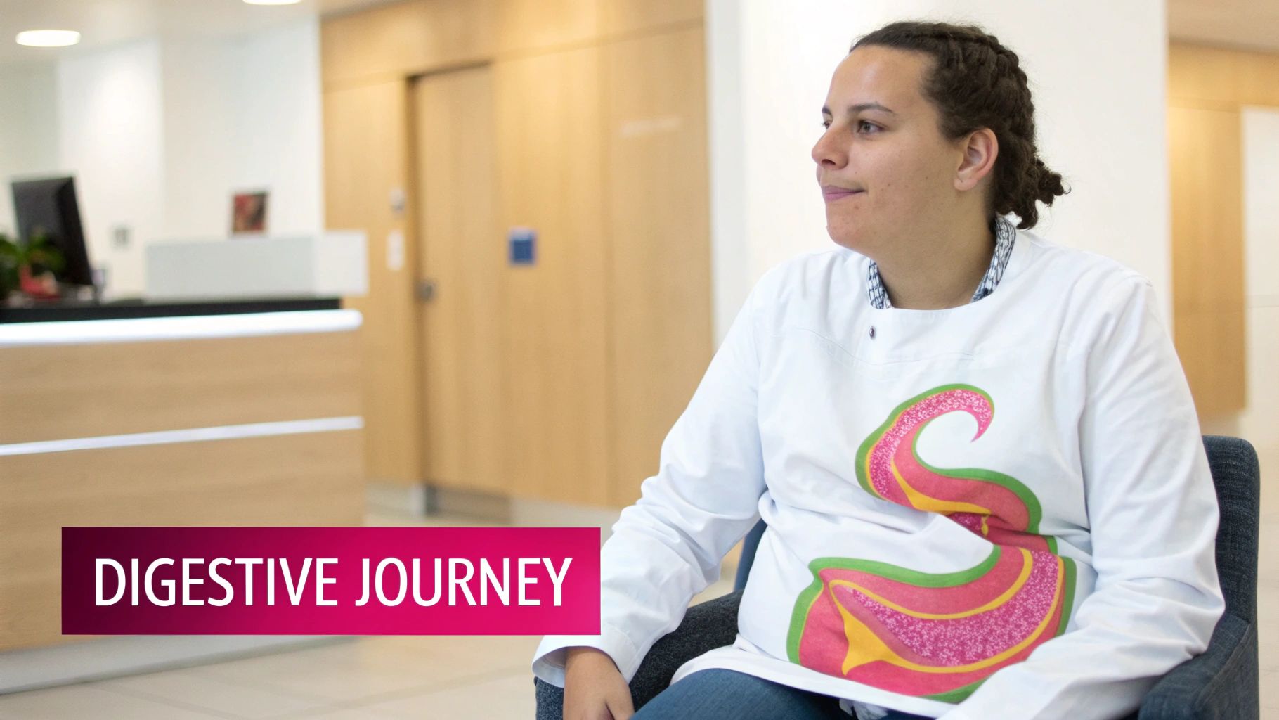 A person in a white uniform with a colorful digestive system graphic sits in a modern clinic.
