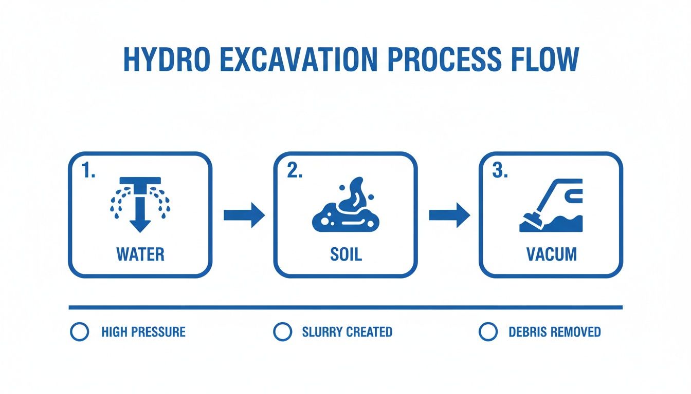 Diagram illustrating the hydro excavation process flow with steps: high-pressure water, slurry creation, and debris vacuum removal.