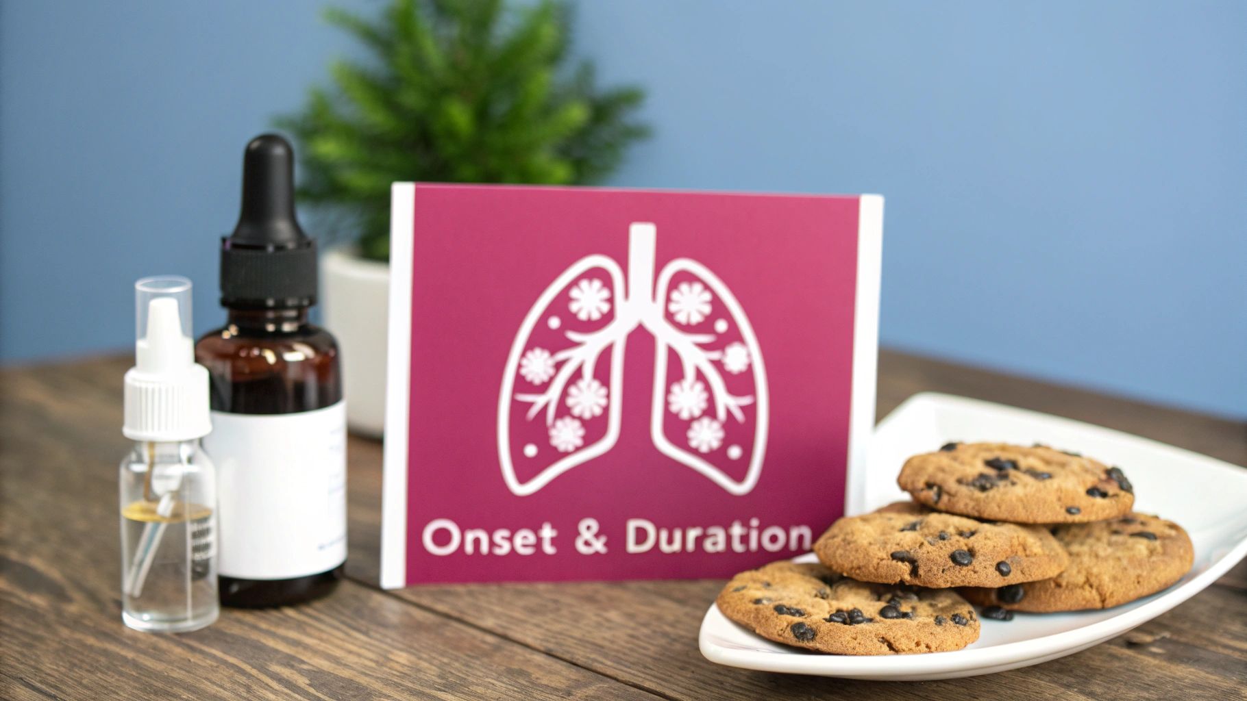 A pink card with a lung illustration and 'Onset & Duration' text, bottles, and chocolate chip cookies.