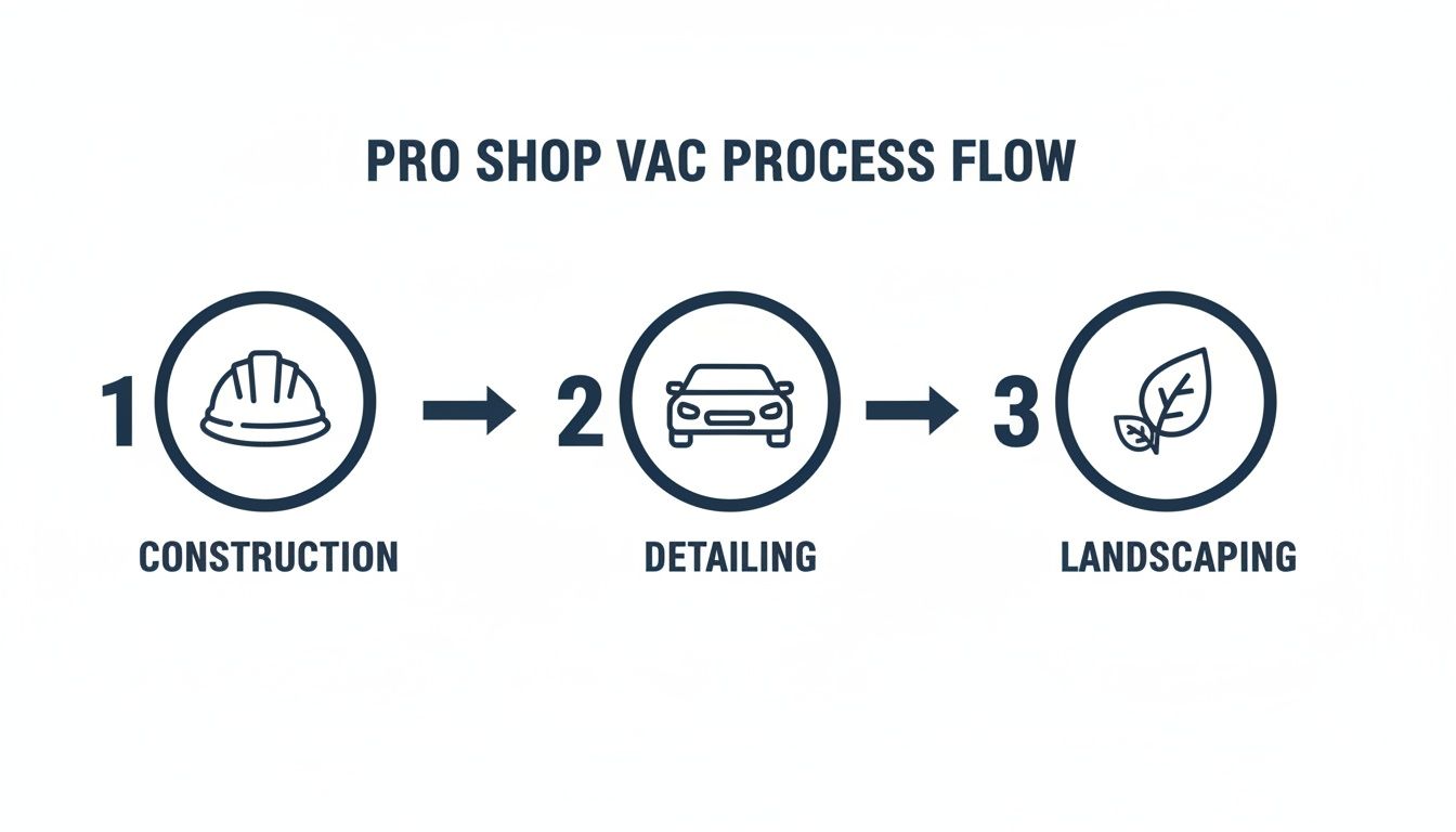 A flow chart illustrating shop vac uses across construction, auto detailing, and landscaping.