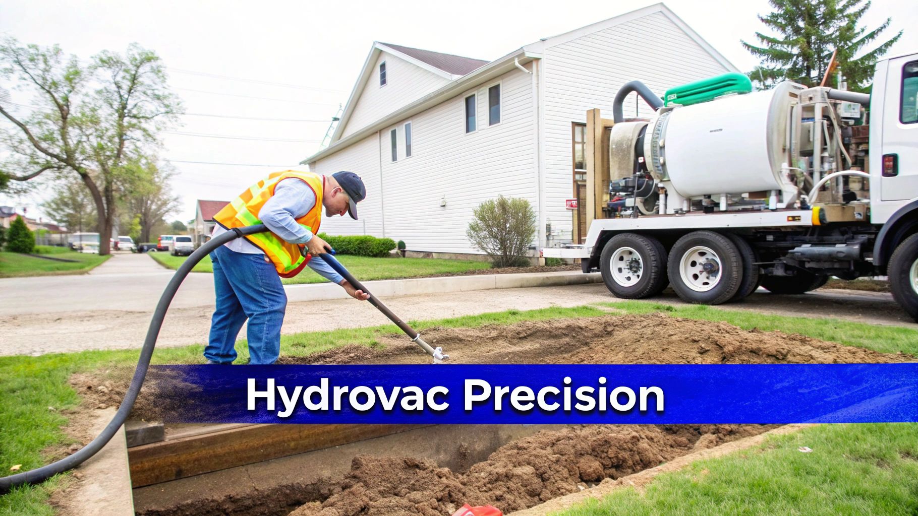 A worker in a safety vest uses a hydrovac hose for precision excavation in a trench.