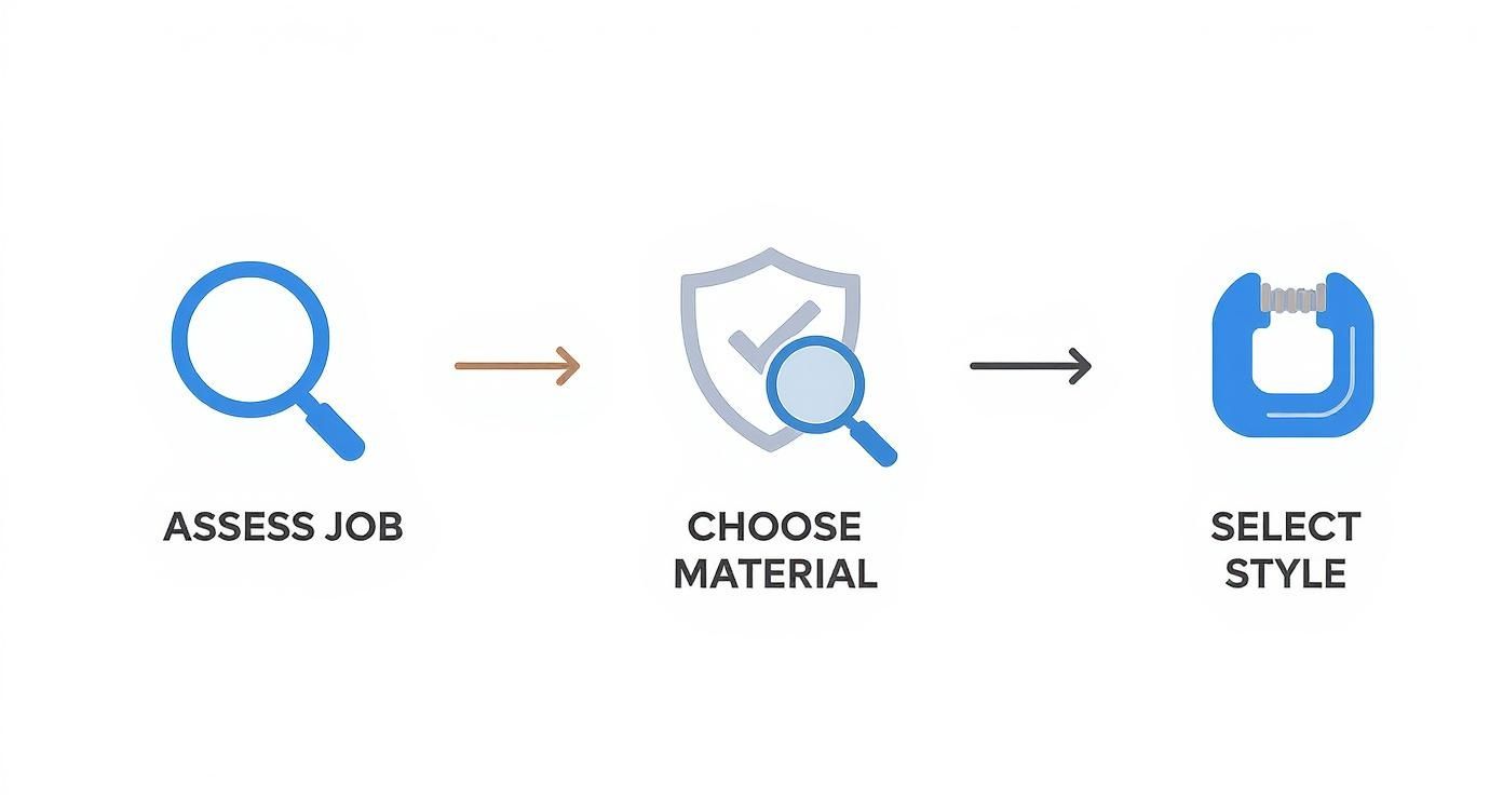 A three-step process diagram showing assessing the job, choosing material, and selecting the style.