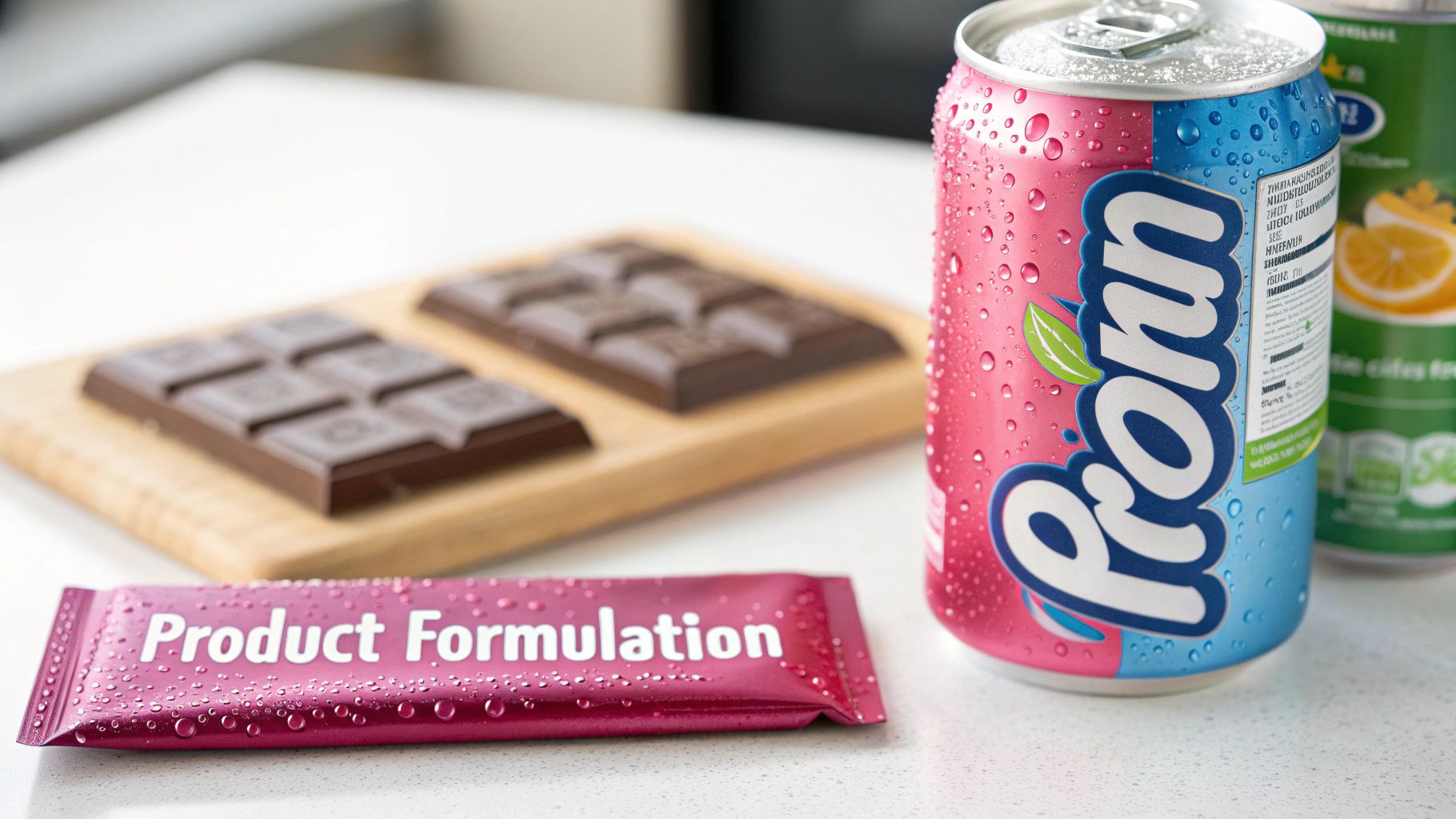 A refreshing soda can, two chocolate bars, and a 'Product Formulation' wrapper on a white counter.