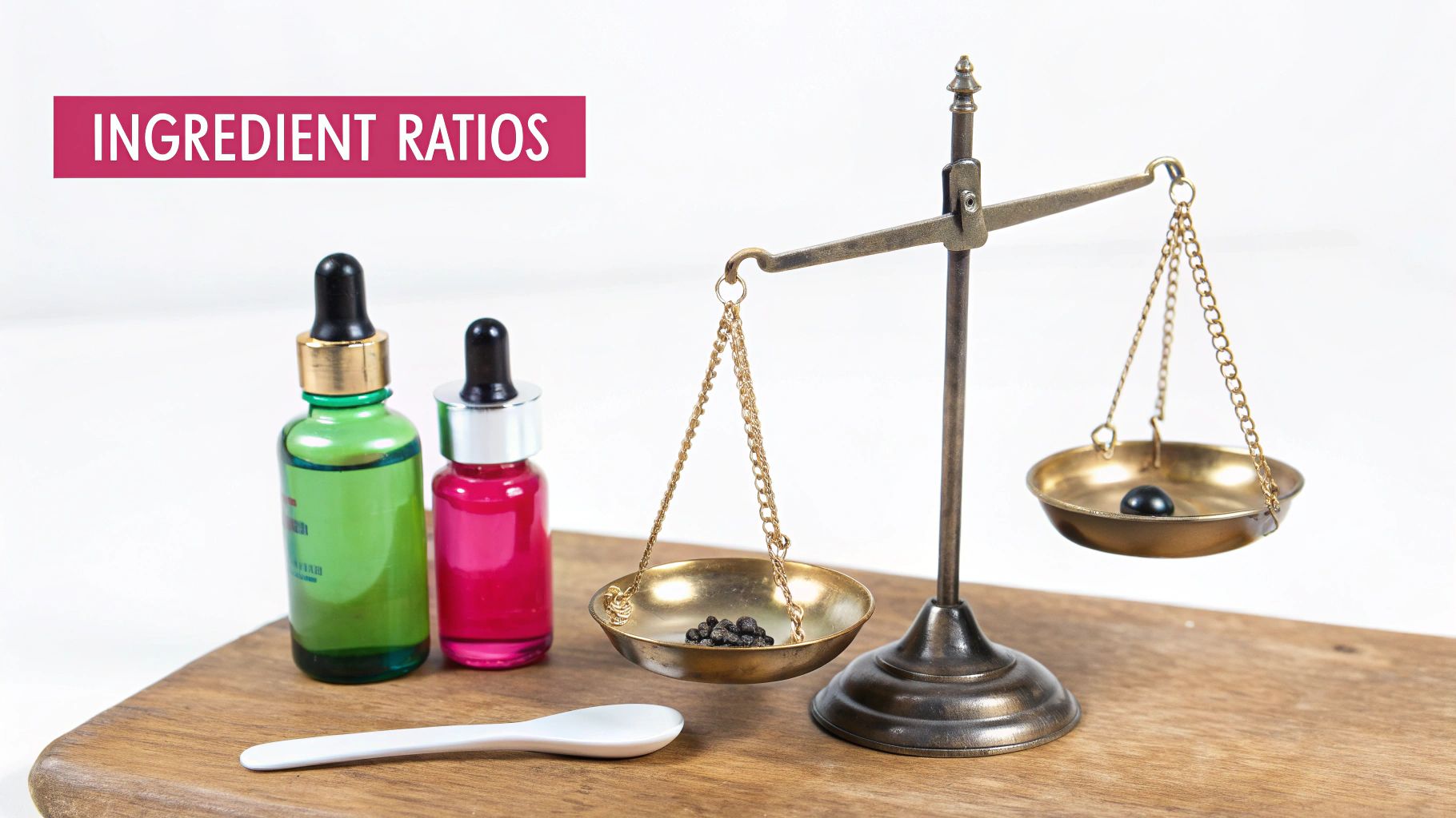 A vintage balance scale weighing ingredients, along with two dropper bottles and a spoon on a wooden board.