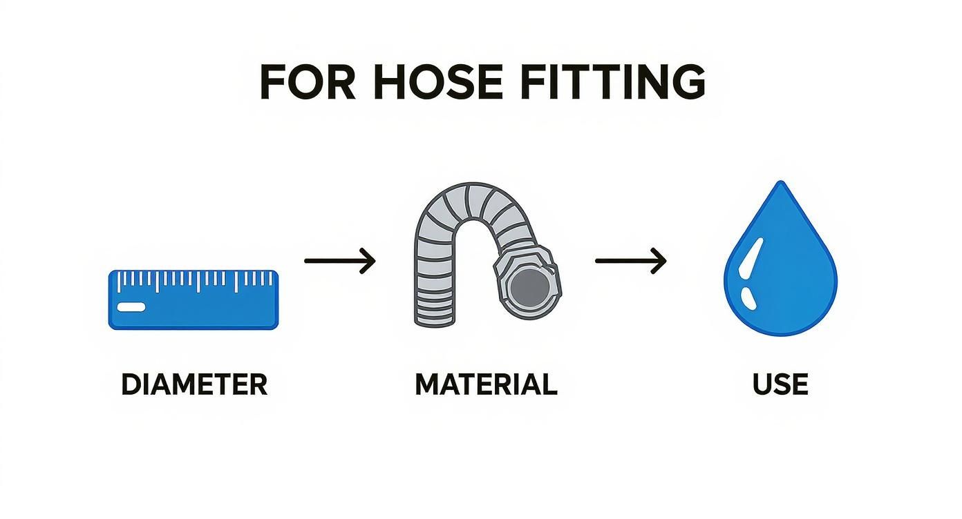 Diagram for hose fitting showing factors: diameter (ruler), material (hose), and use (water droplet).