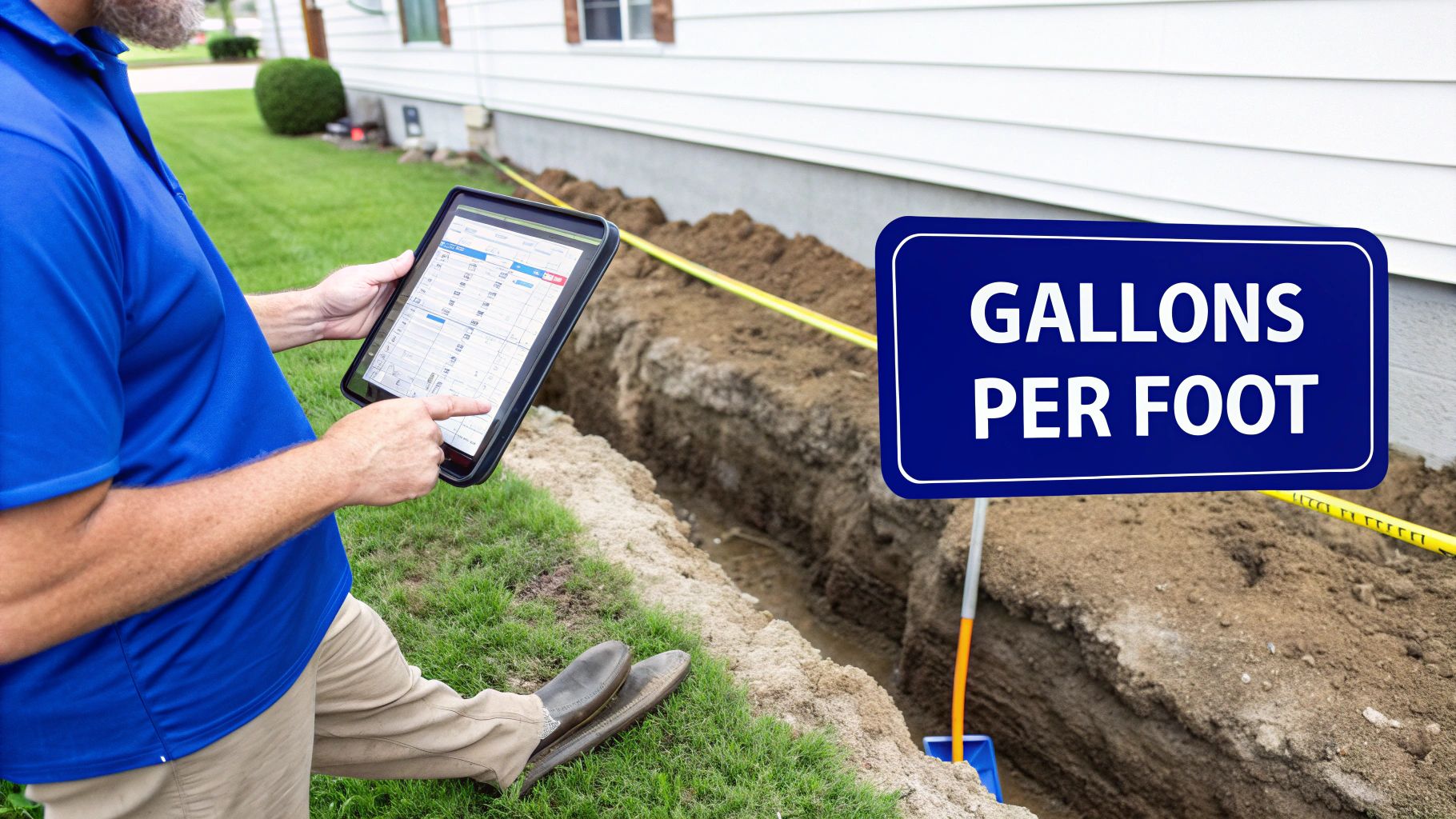 A man reviews a chart on a tablet next to a trench and a "GALLONS PER FOOT" sign.