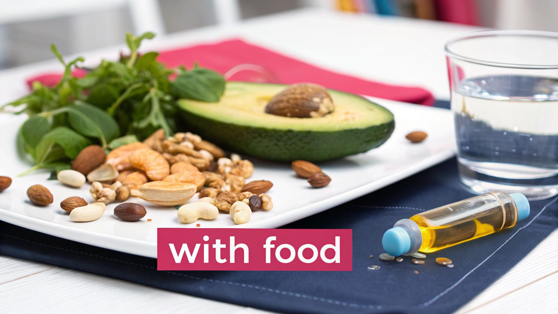 A healthy meal with avocado, mixed nuts, green salad, water, and a vial of oil labeled 'with food'.