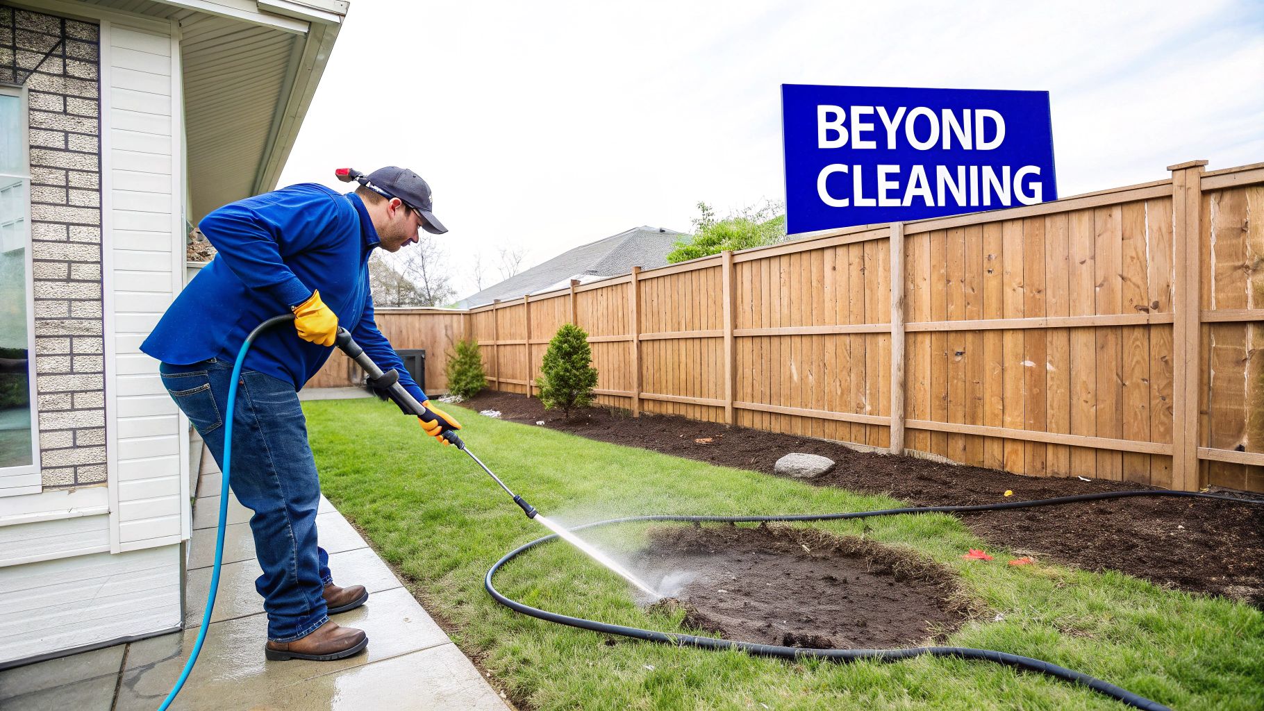 Man in work clothes pressure washing dirt in a backyard with a 'BEY-OND CLEANING' sign.