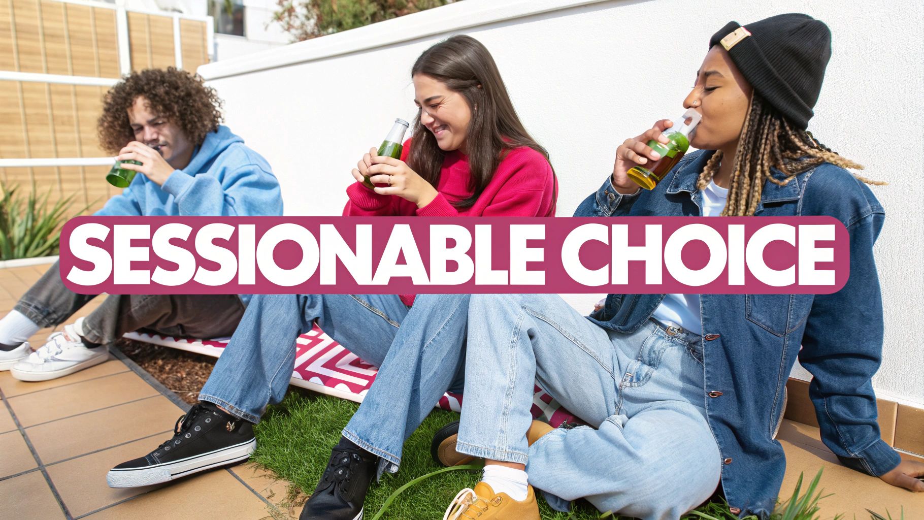 Three young friends relaxing outdoors, casually drinking from green bottles on a sunny day.