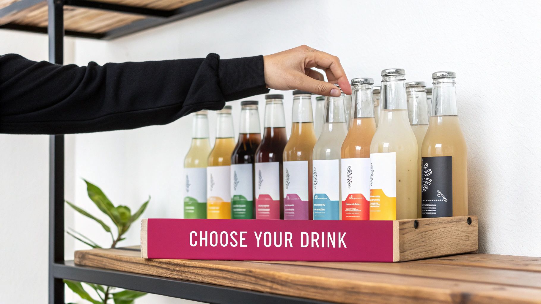 A hand selects a drink from a display of various bottled beverages with a "Choose Your Drink" sign.