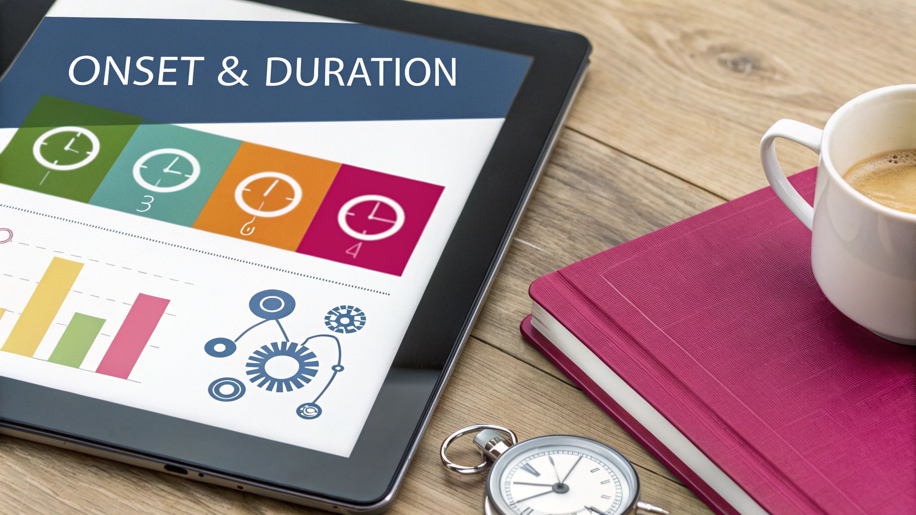 Digital tablet showing 'Onset & Duration' data and charts, next to a coffee mug and notebook.