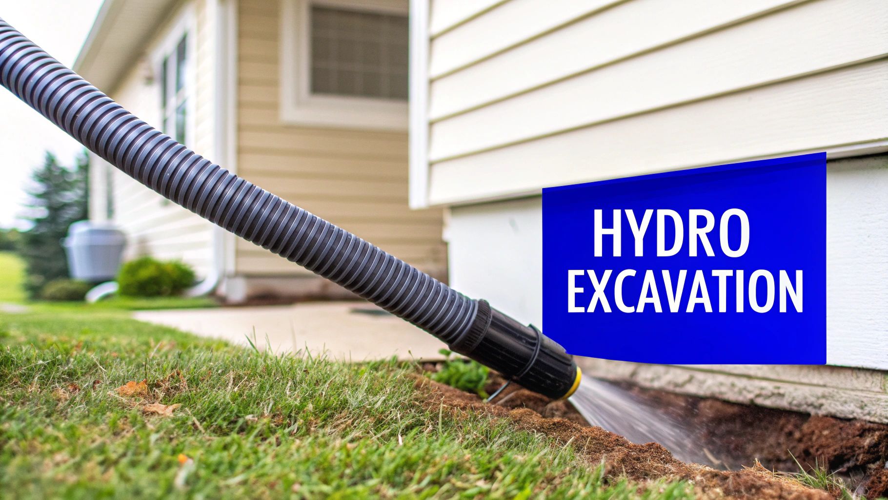A close-up shows a large hose using high-pressure water to excavate soil next to a house foundation.