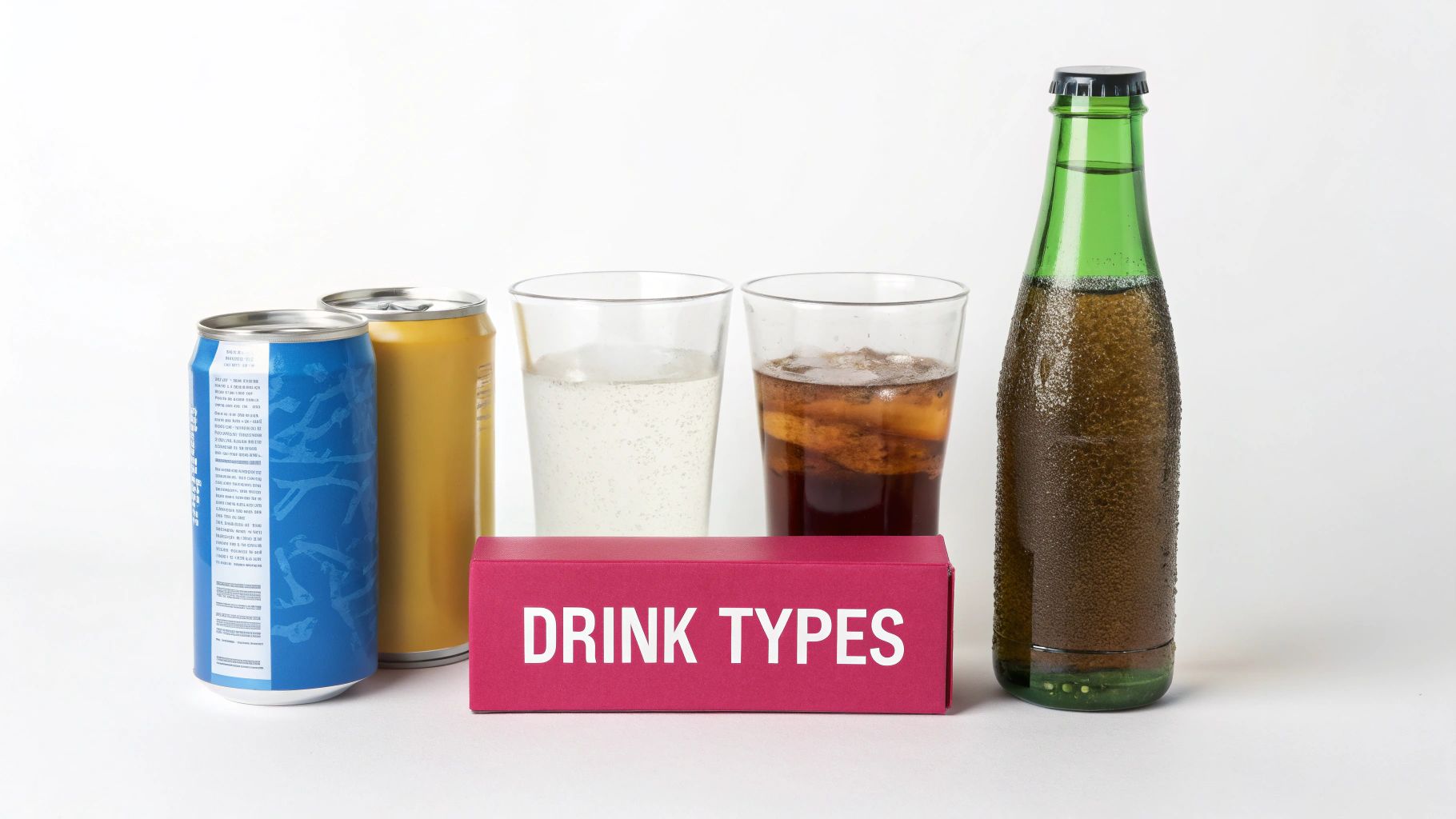 A lineup of various cold beverages including soda cans, sparkling drinks in glasses, and a chilled beer bottle.
