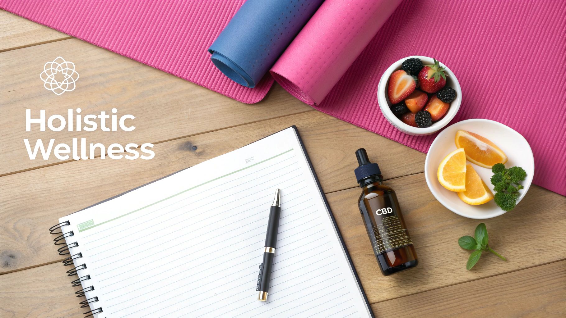 A flat lay of holistic wellness items: CBD oil, berries, oranges, yoga mats, and a notebook.