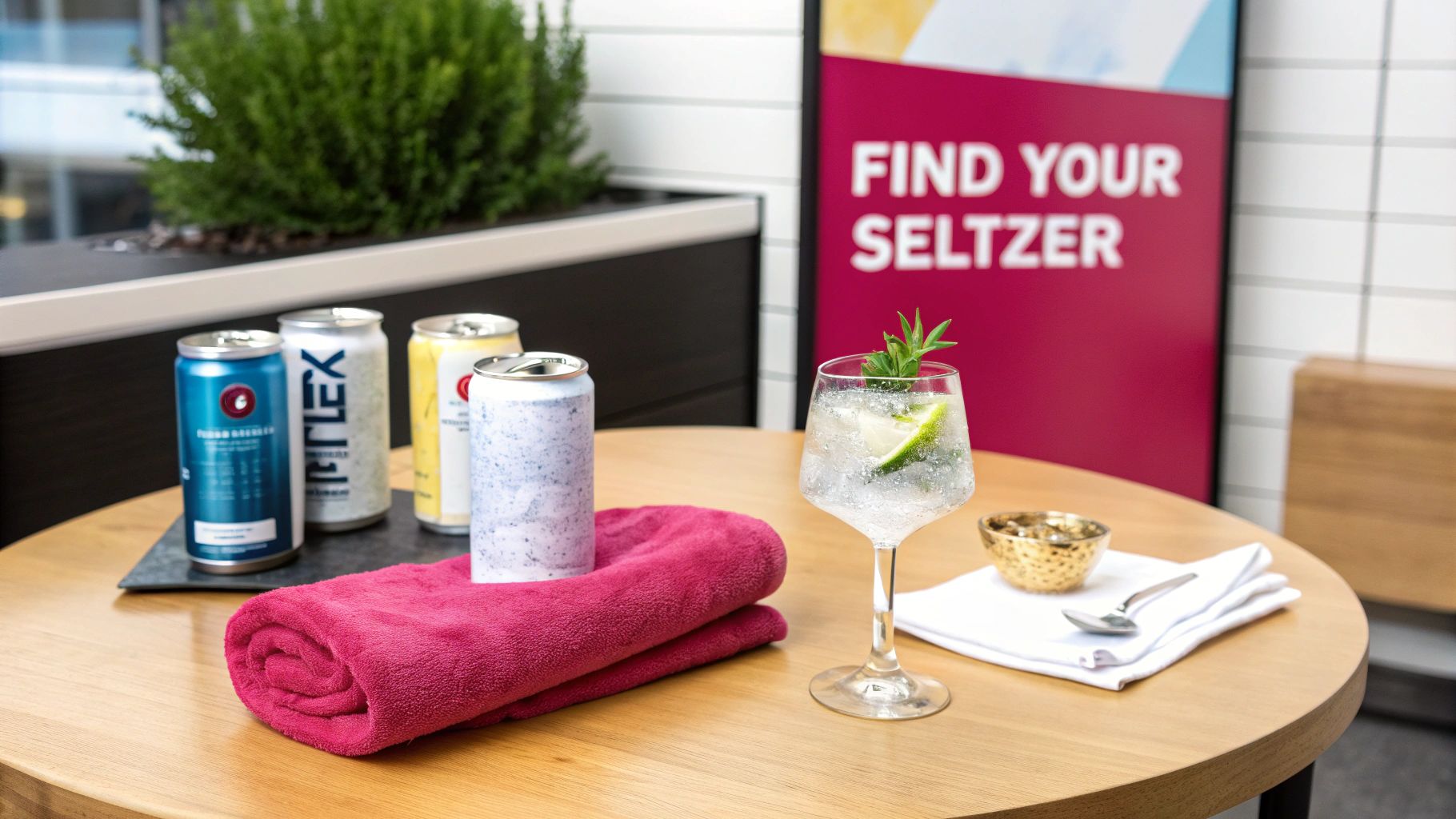 Seltzer display with various canned drinks, garnished cocktail glass, and promotional signage on wooden table