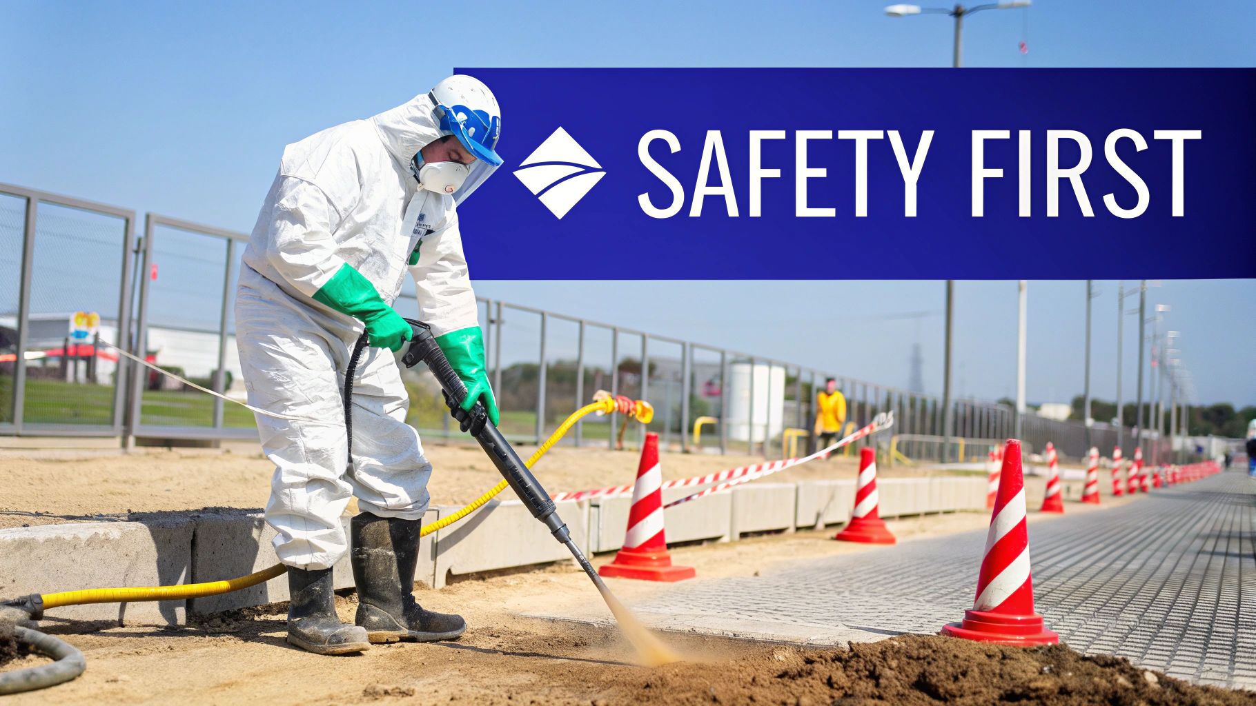 Worker in full protective gear sprays liquid on a construction site under a 'Safety First' banner.
