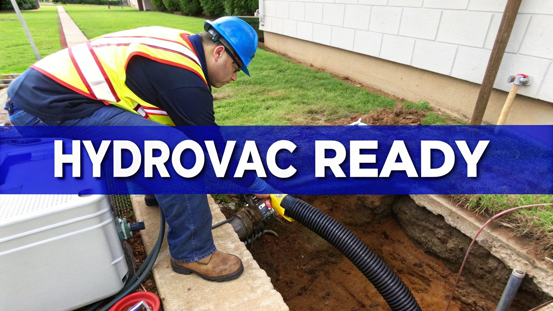 Worker in safety gear operating hydrovac equipment near building foundation for underground utility work