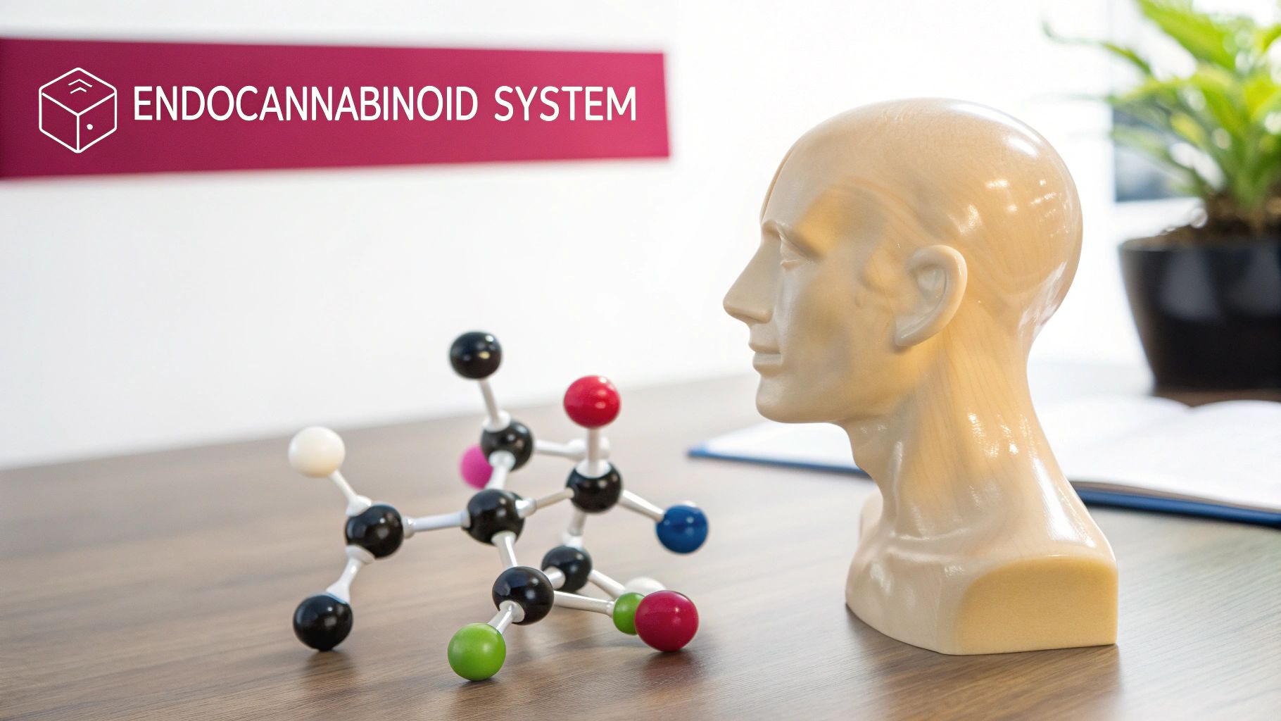 A human head model, a molecular model, and a banner reading 'Endocannabinoid System' on a desk.