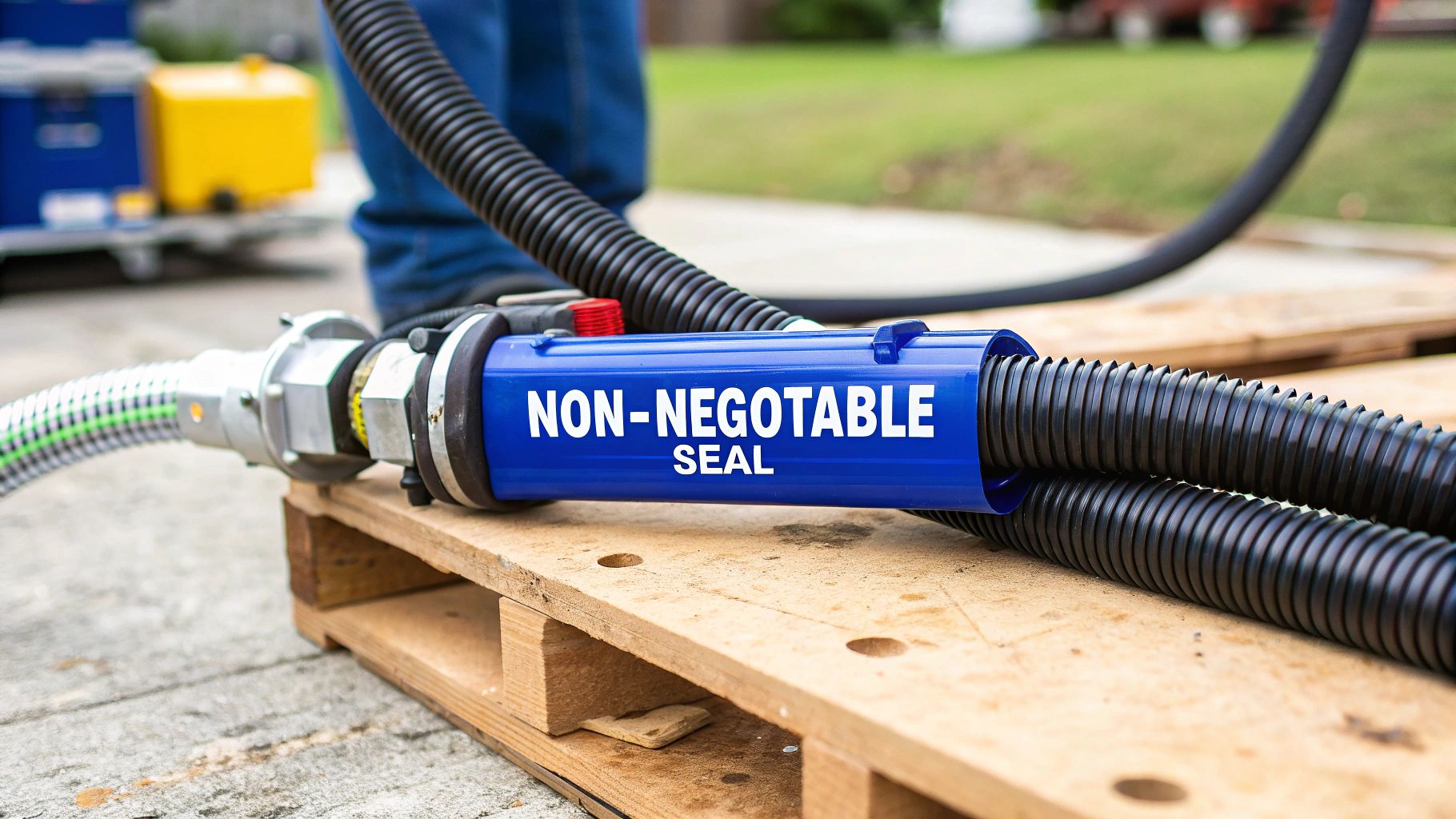 Blue non-negotiable seal device with corrugated hoses on wooden pallet at construction site