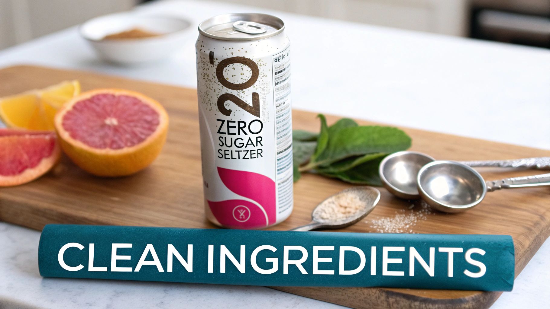 A can of 2.0 Zero Sugar Seltzer, grapefruit, lemon, and mint leaves on a wooden board, with 'Clean Ingredients' text.