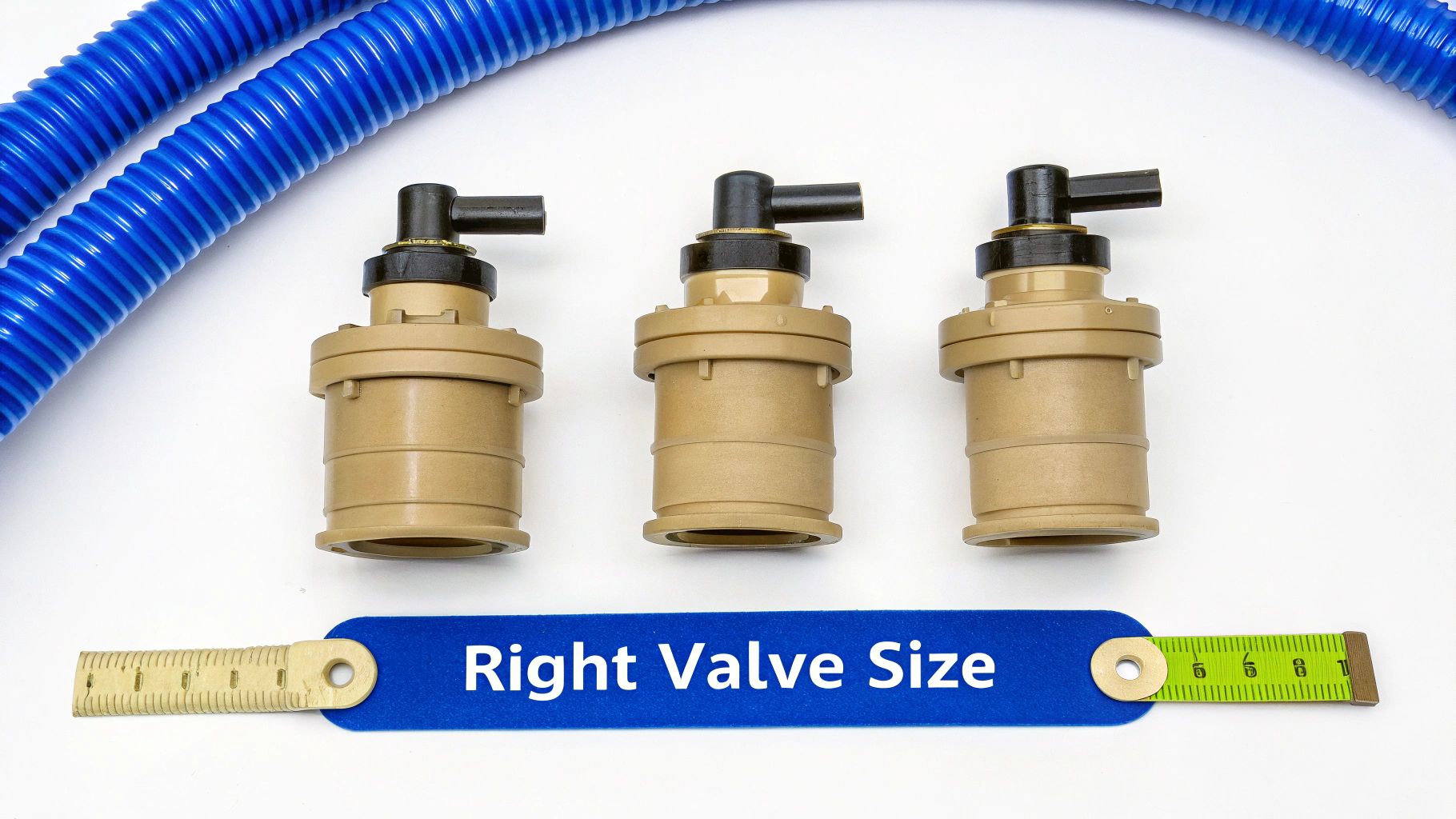 Three beige vacuum relief valves displayed with a blue hose and a ruler indicating "Right Valve Size."