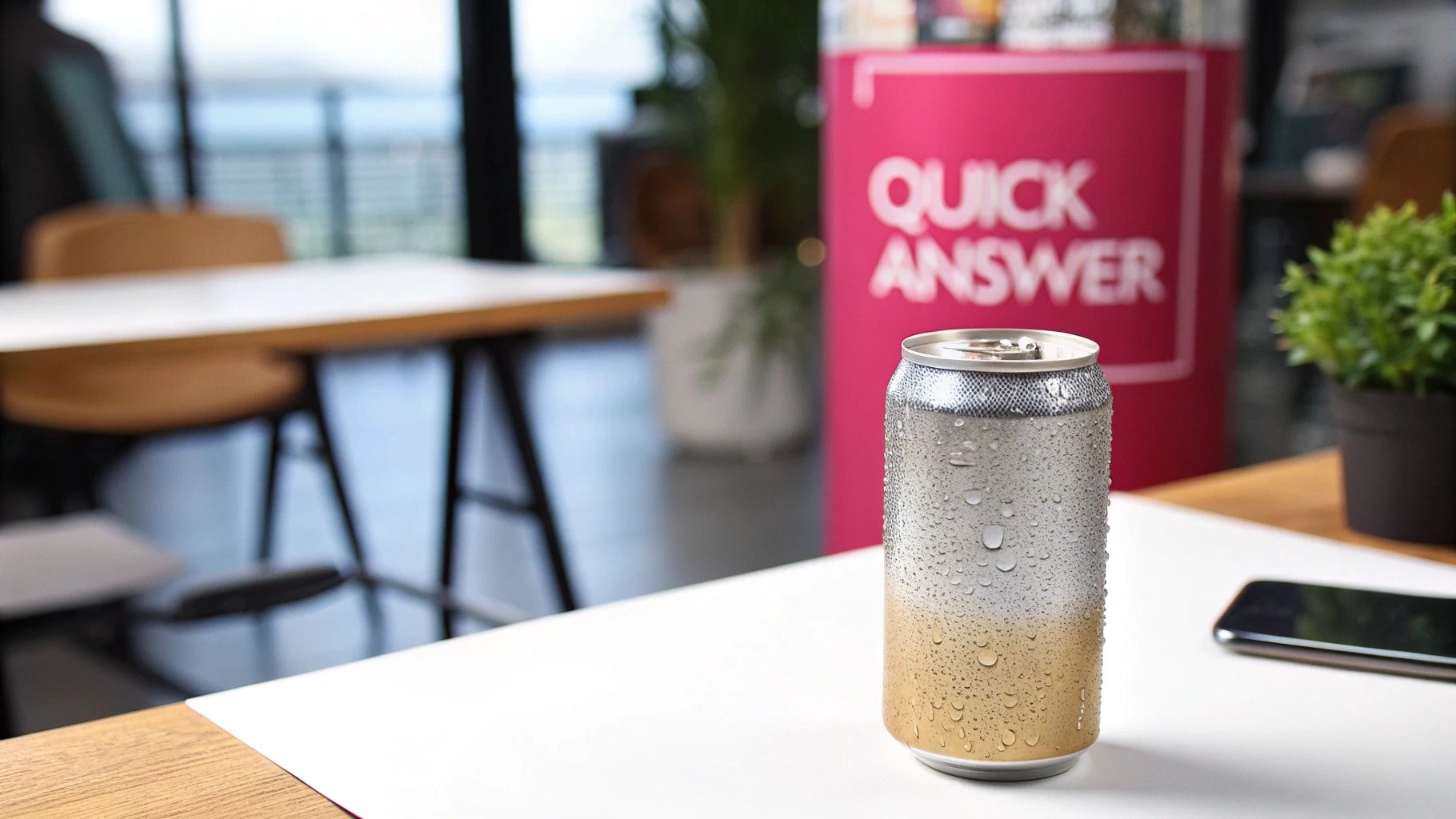 A condensation-covered, two-tone silver and gold beverage can on a white table in an office setting.