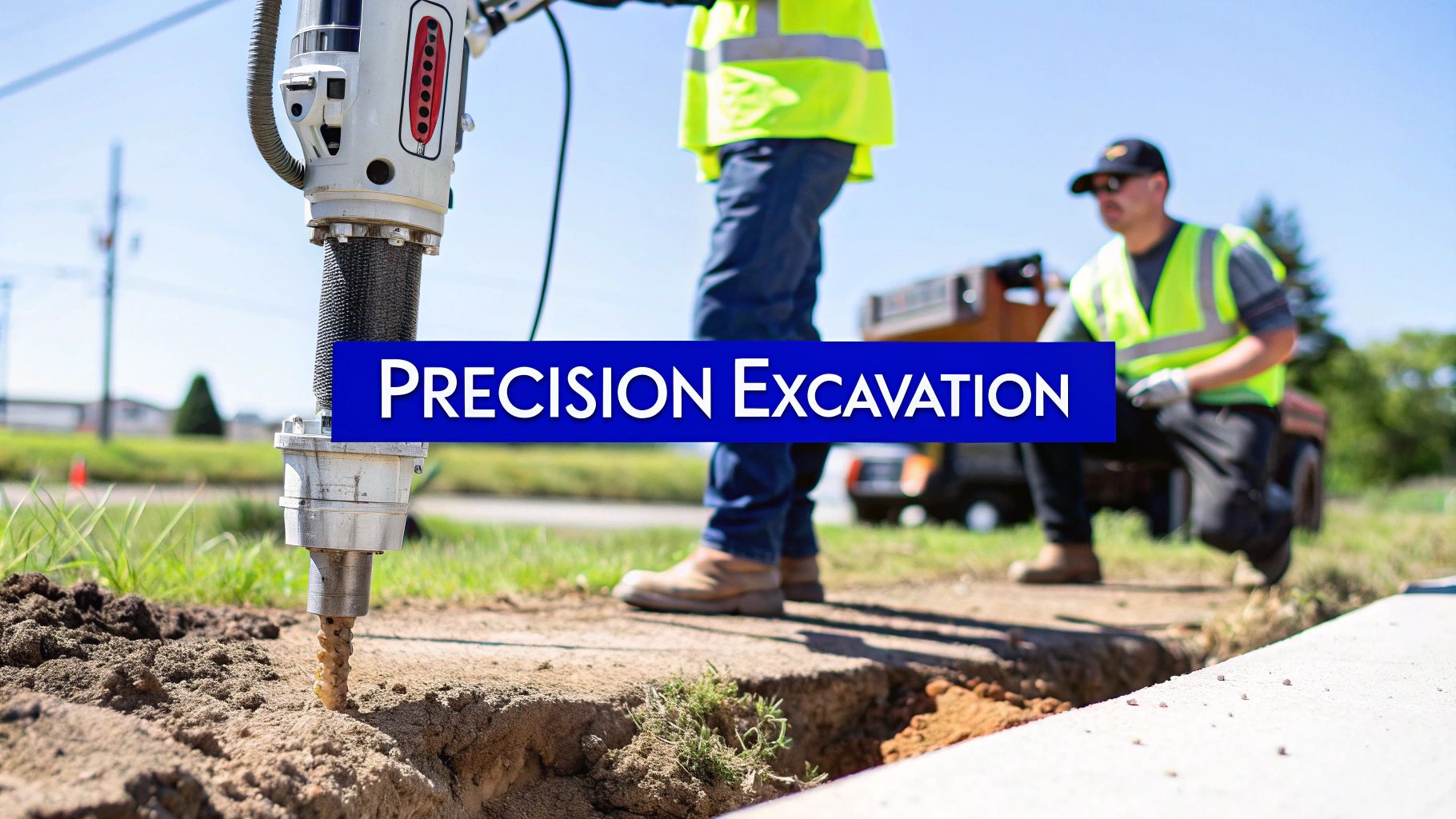Two construction workers at a job site, one operates a precision drilling tool for ground excavation.