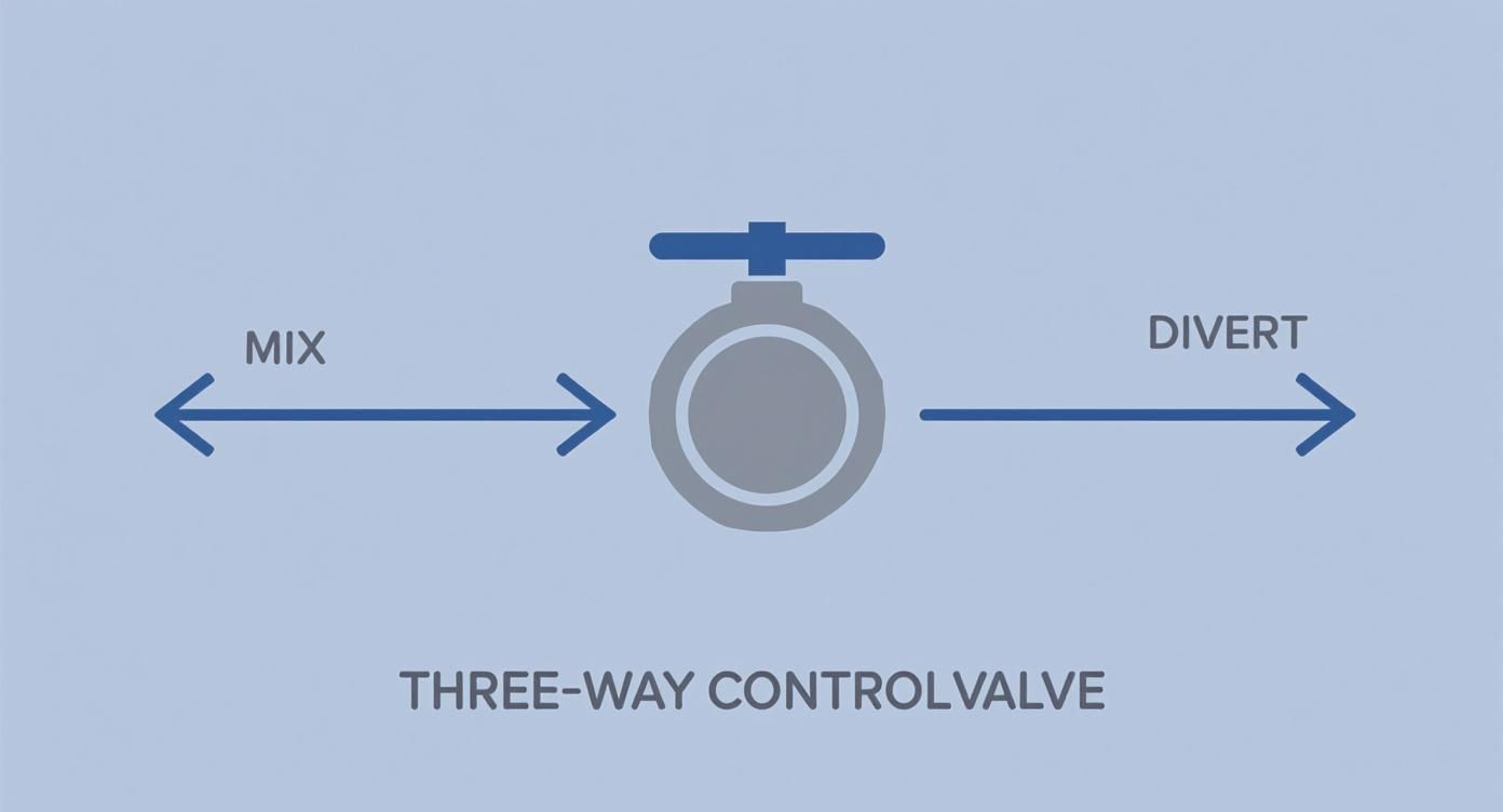 Diagram illustrating a three-way control valve, showing 'MIX' and 'DIVERT' functions with arrows.
