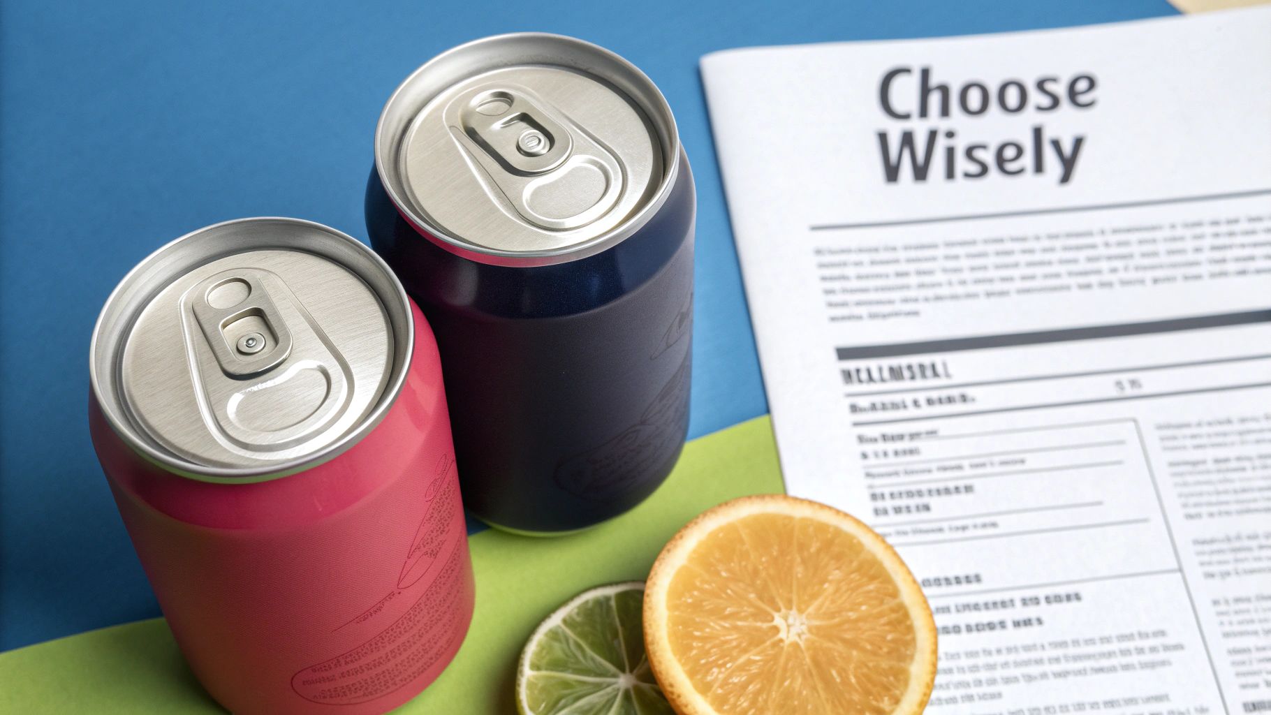 Two beverage cans, citrus slices, and a 'Choose Wisely' paper on a blue and green background.