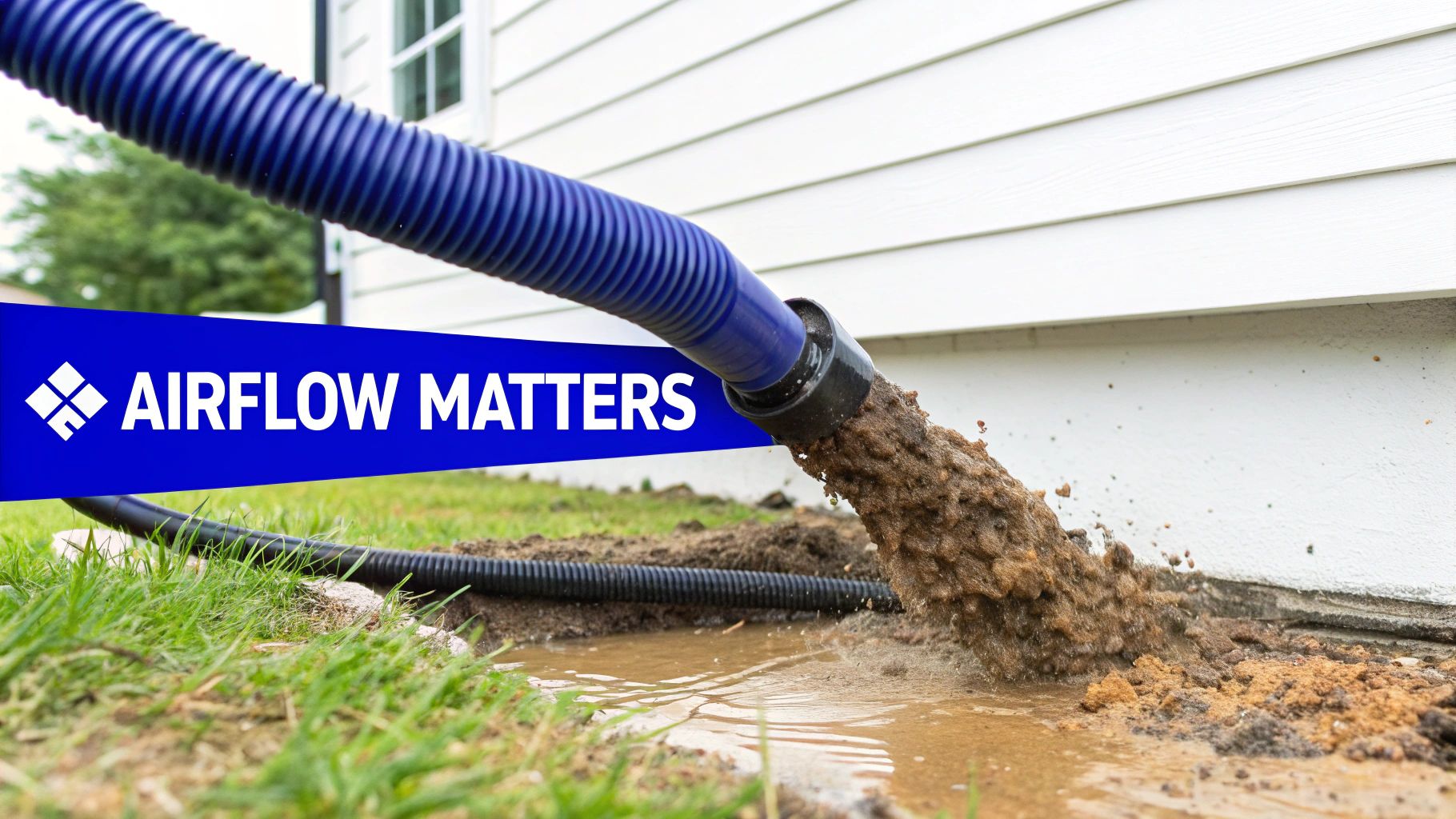 A blue corrugated hose discharges muddy water and debris onto the ground next to a white house. A blue banner states 'AIRFLOW MATTERS'.