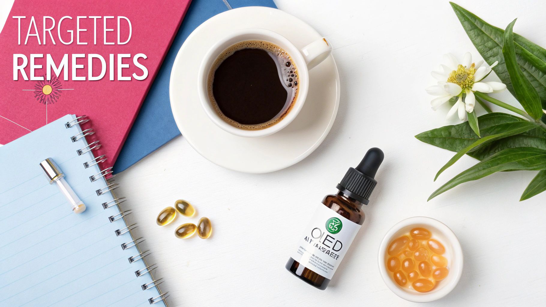 Flat lay of targeted remedies with a coffee cup, CBD oil bottle, and softgel capsules.